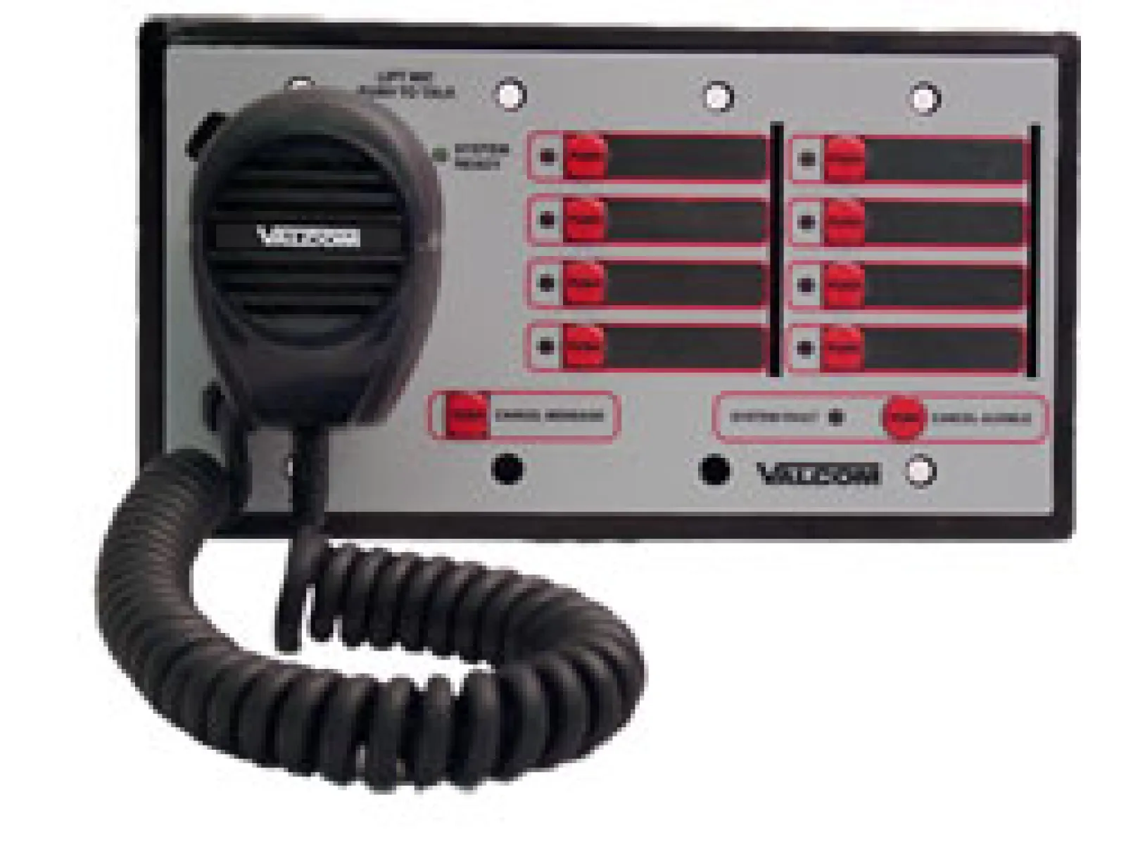 Valcom wall-mounted intercom system with microphone handset and multiple red buttons for communication control.