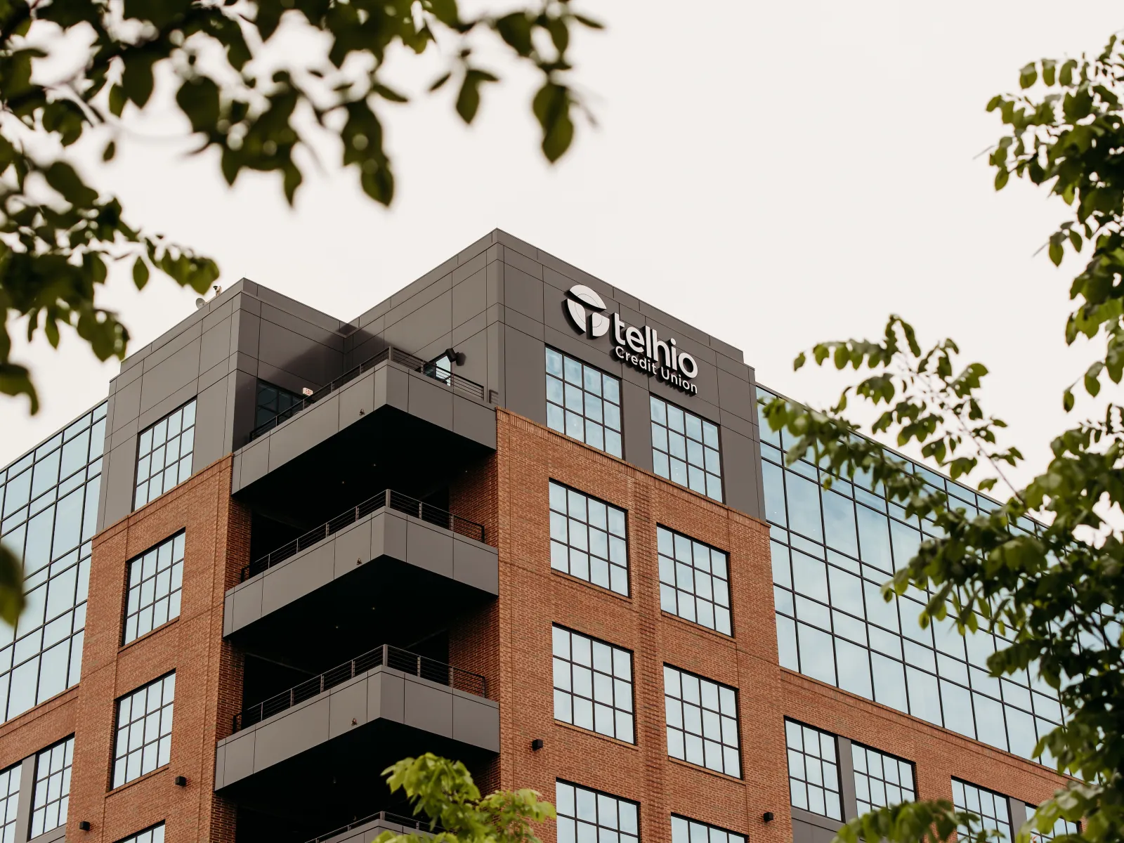 Modern brick and glass office building with Telhio Credit Union logo on top, framed by green tree branches.