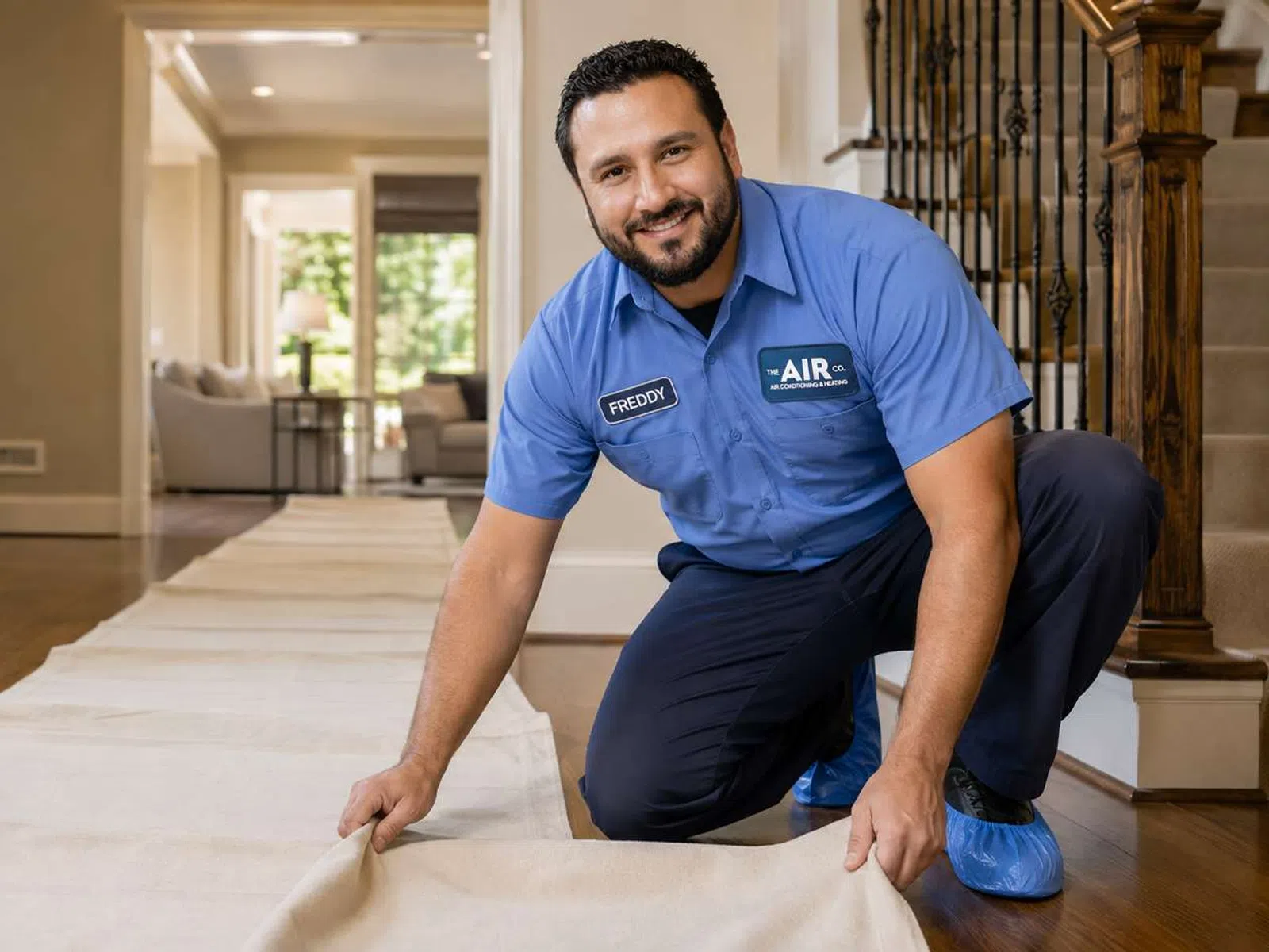 Smiling technician in blue uniform kneels while rolling out protective floor covering in a bright home interior.