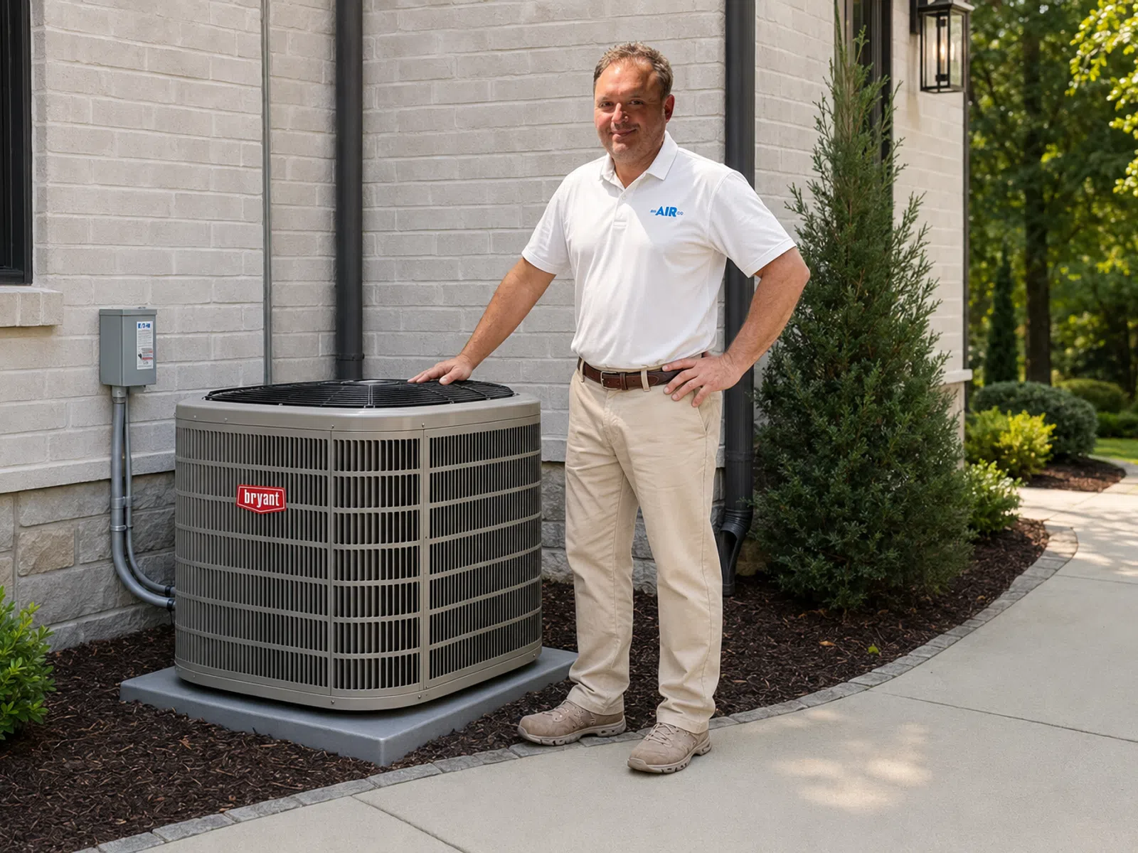 Technician standing beside a Bryant air conditioning unit outside a home, next to landscaping and a brick wall.