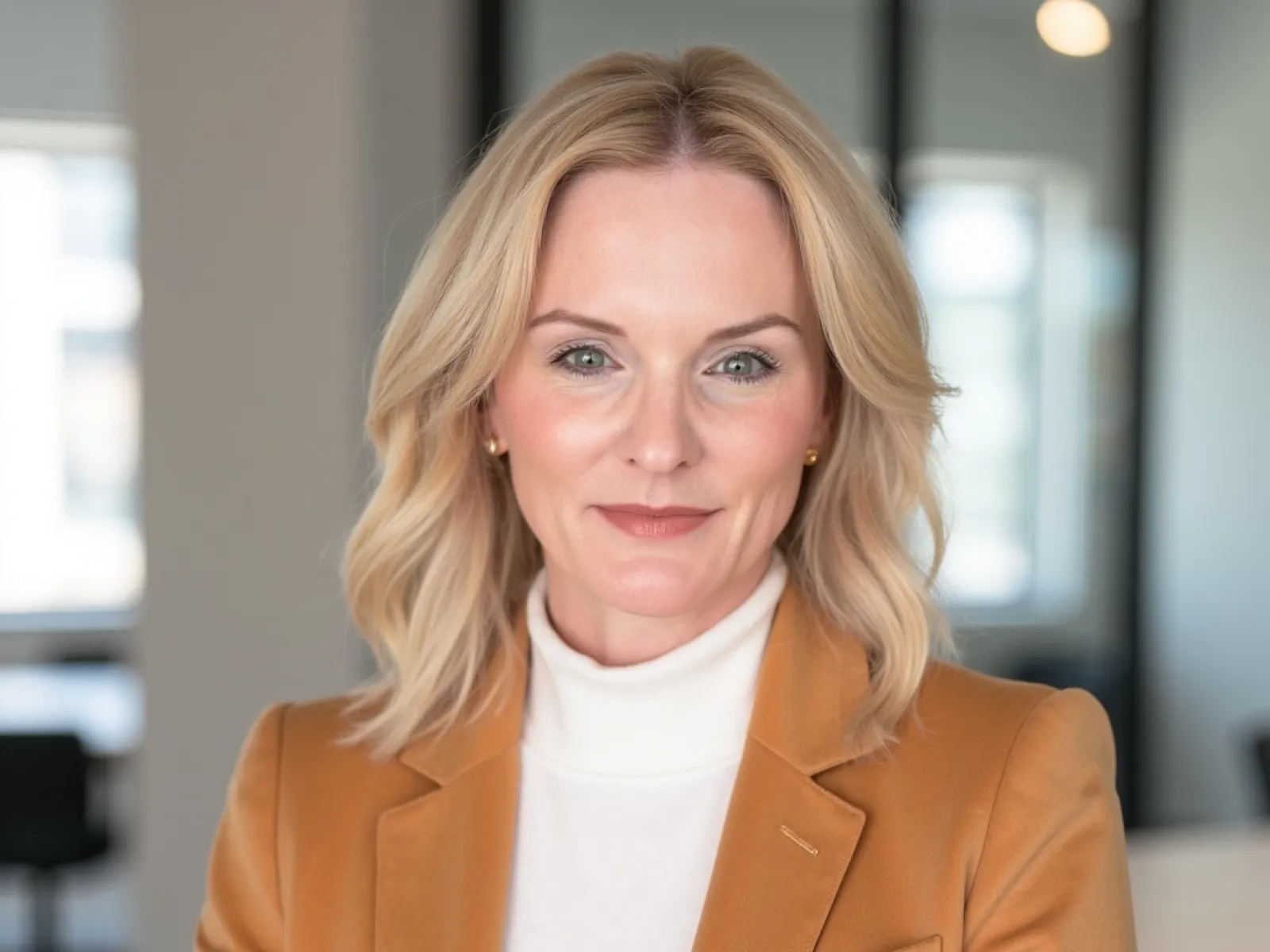 Professional blonde woman in a tan blazer and white turtleneck posing confidently in an office setting