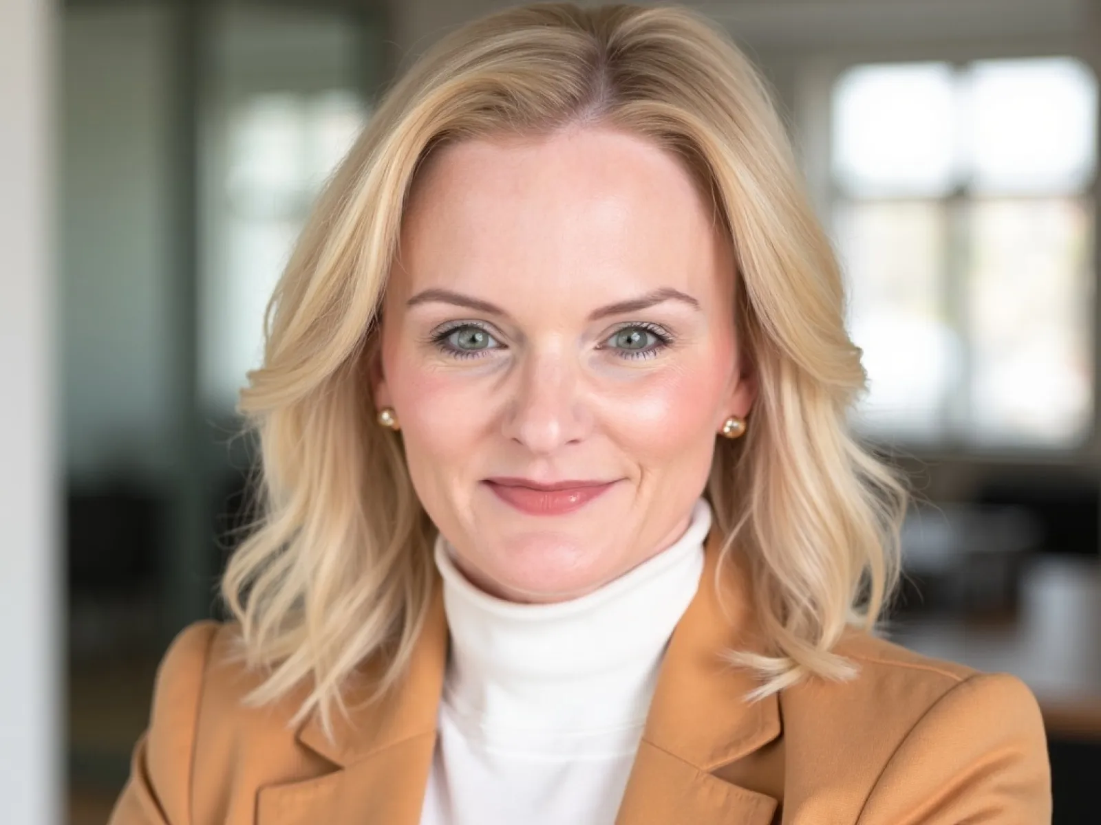 Blonde woman in a white turtleneck and tan blazer smiling in a bright office setting