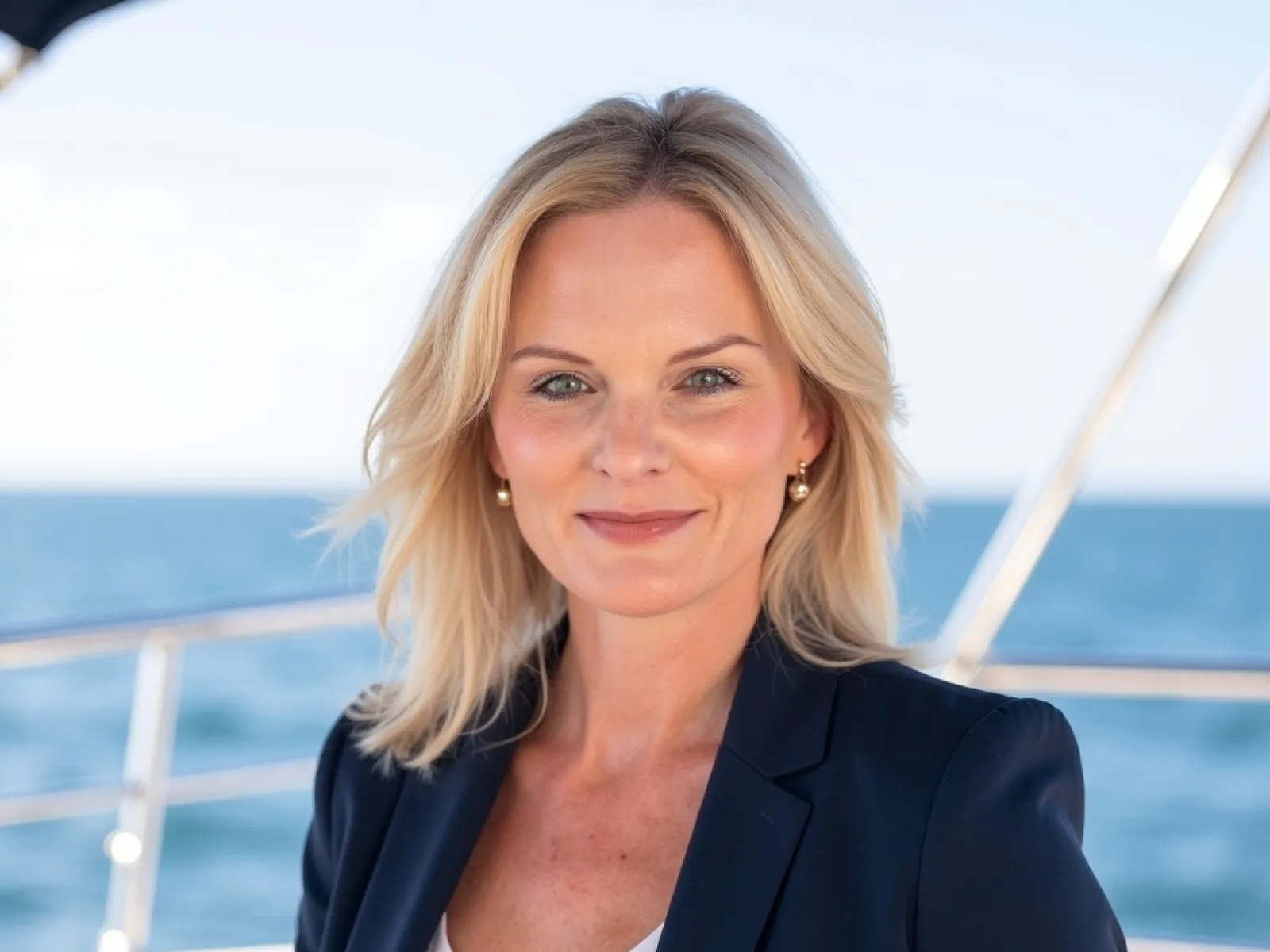 Smiling blonde woman in navy blazer and white top posing on boat with ocean in background on sunny day