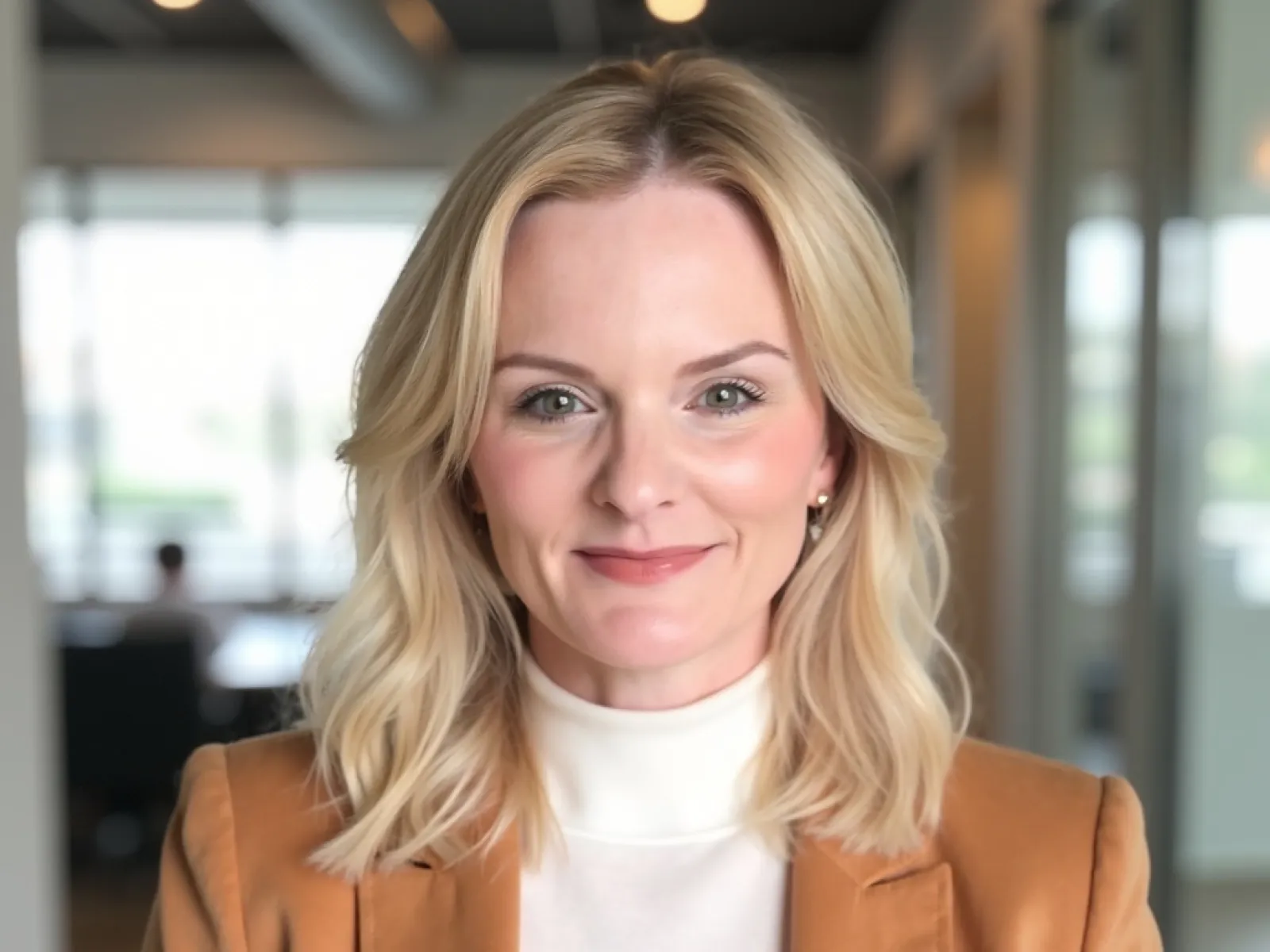 Blonde woman in a camel blazer and white turtleneck smiling in a modern office setting with blurred background.