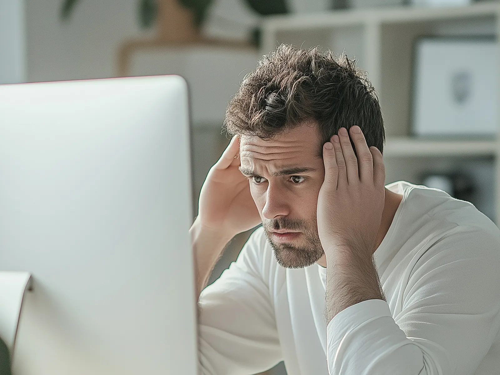 a person with the hand on the face looking at a laptop