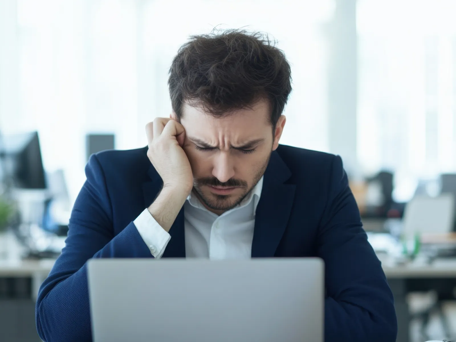 a man sitting at a desk with his hand on his face