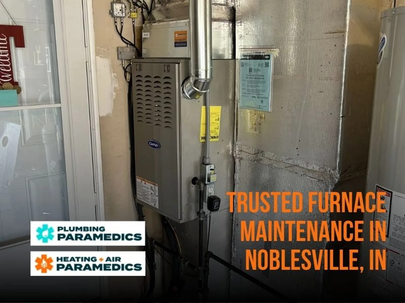 Residential furnace unit in a basement with Plumbing and Heating Air Paramedics logos and Noblesville, IN maintenance text.