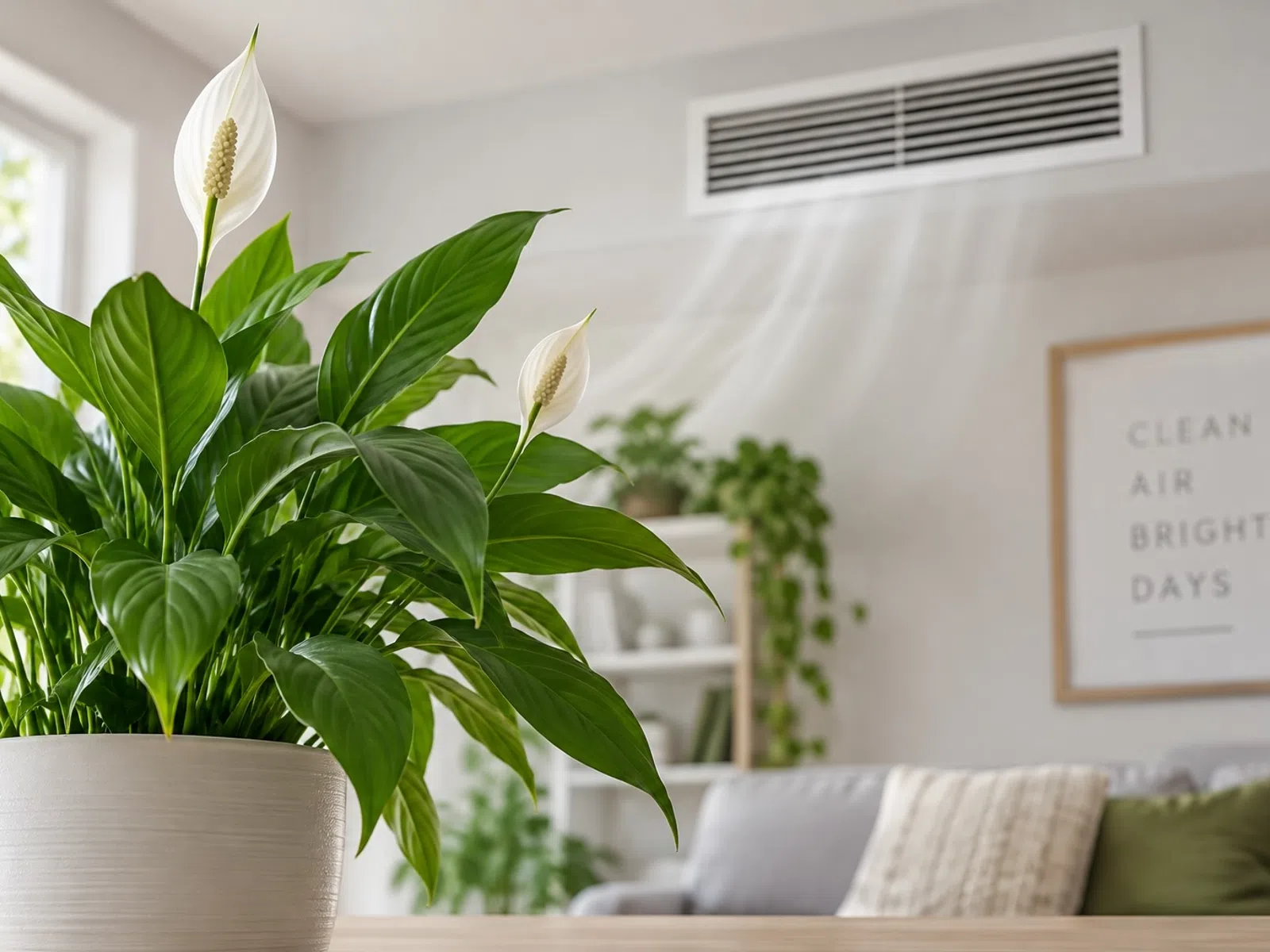 Peace lily plant in a beige pot placed in a bright living room with air vents and a framed clean air sign.