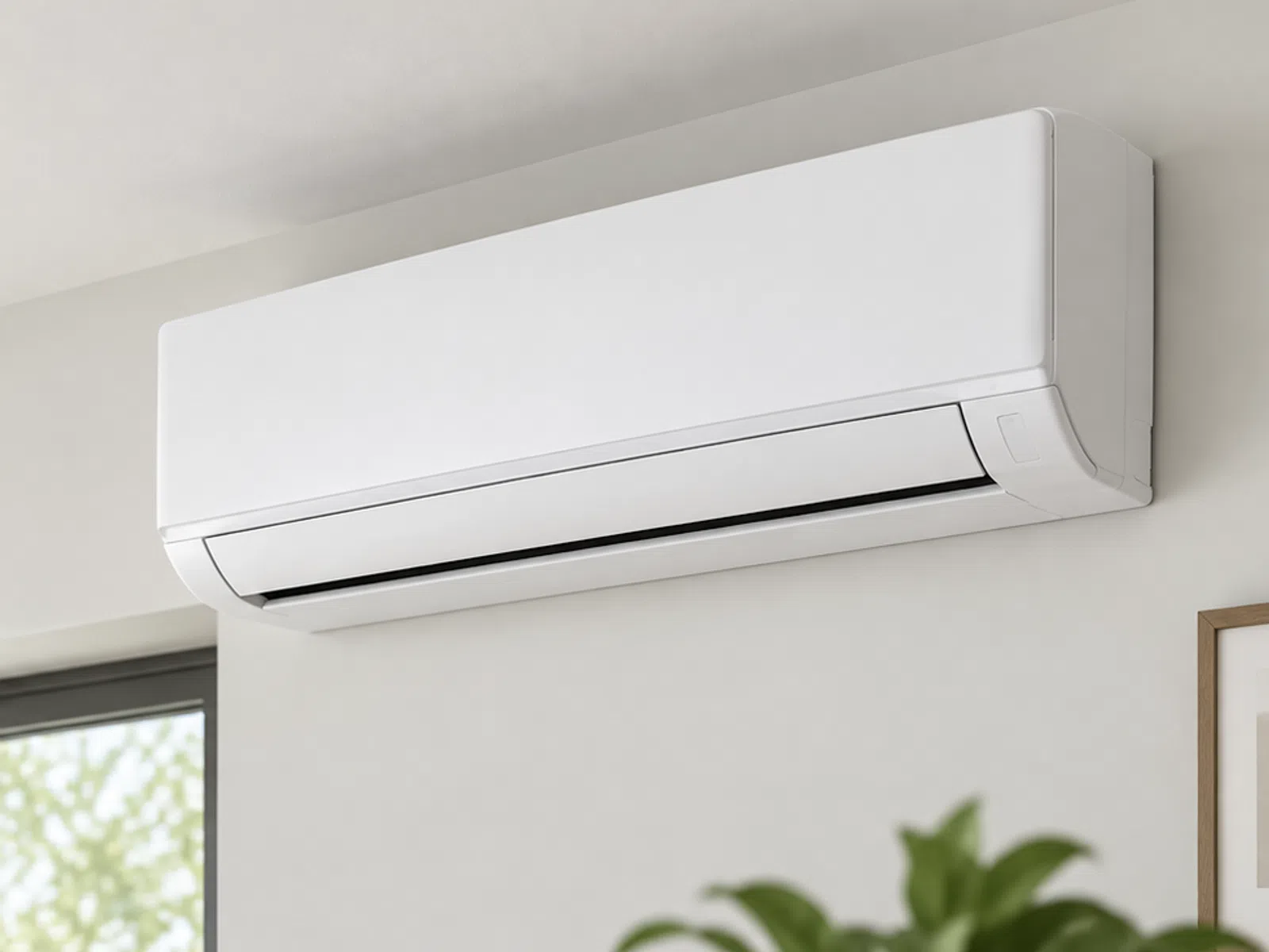 White wall-mounted split air conditioner unit installed in a modern room near a window with greenery outside.