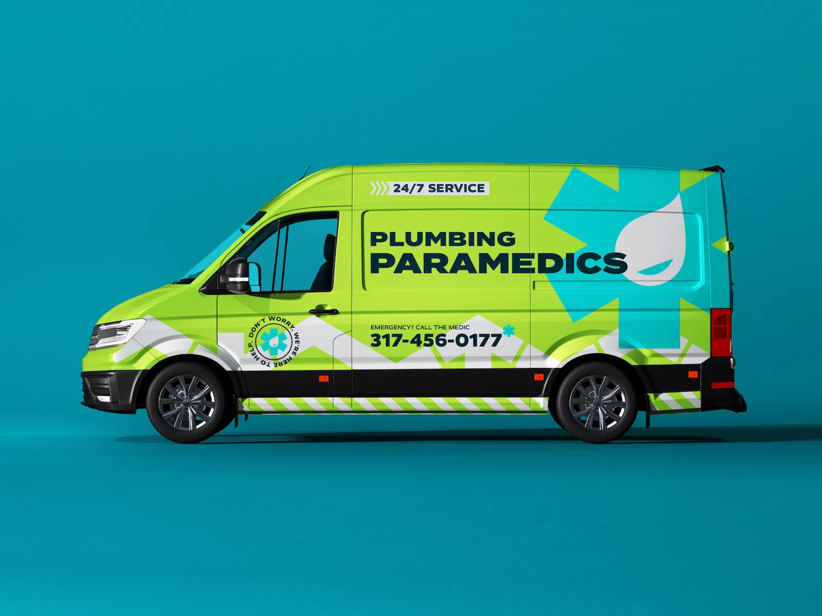Bright green Plumbing Paramedics van with contact number against teal background, showcasing 24/7 plumbing service.