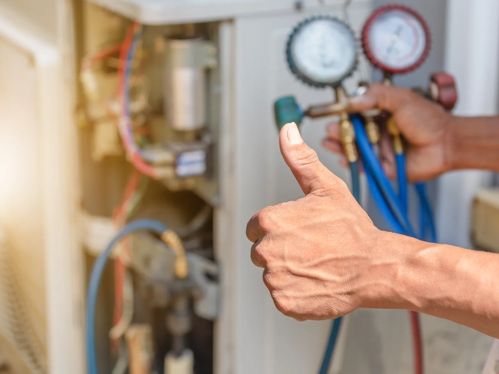 worker repairing air conditioner giving thumbs up