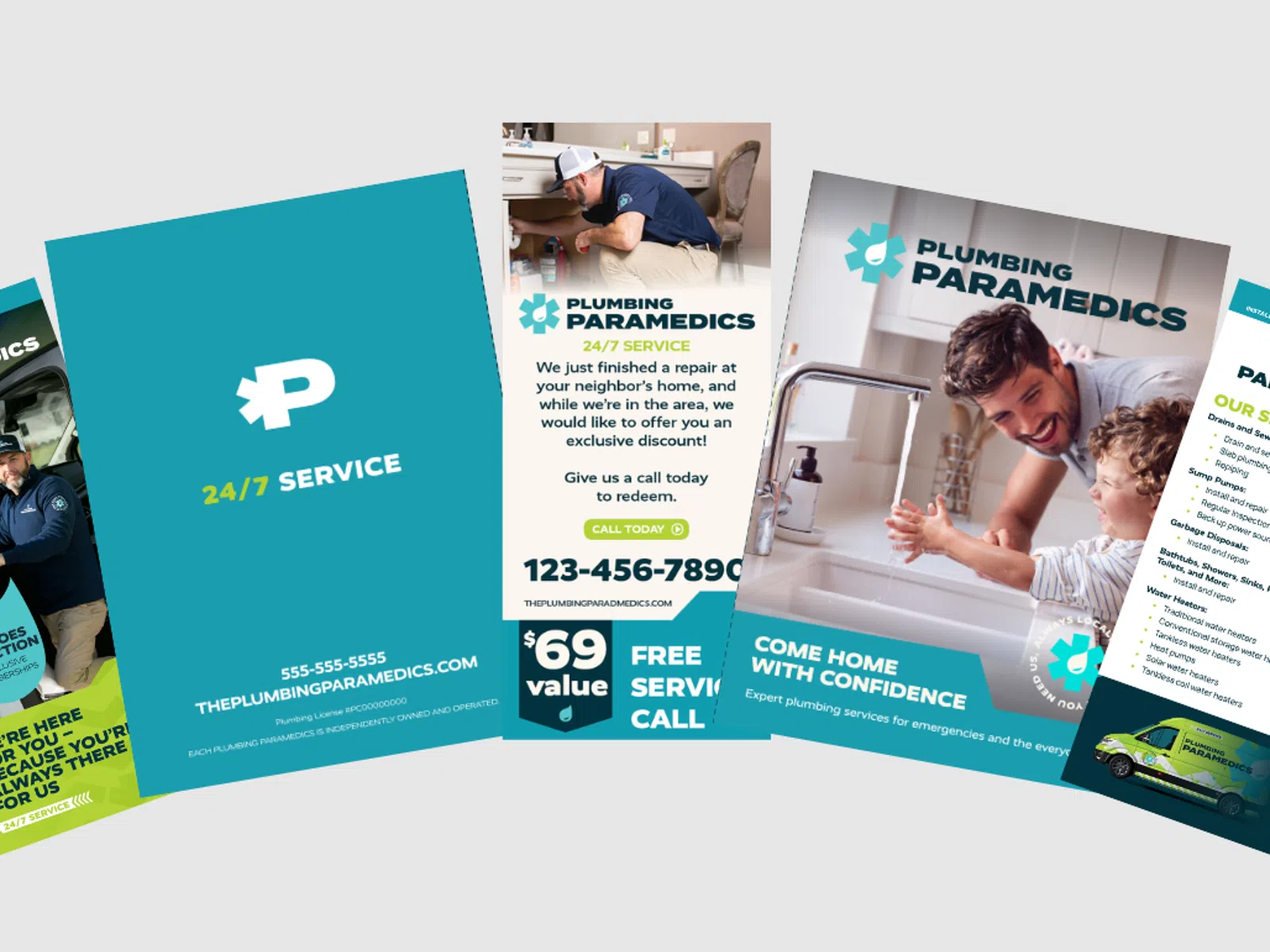 Collection of Plumbing Paramedics flyers showcasing services, discounts, 24/7 support, and friendly staff images.