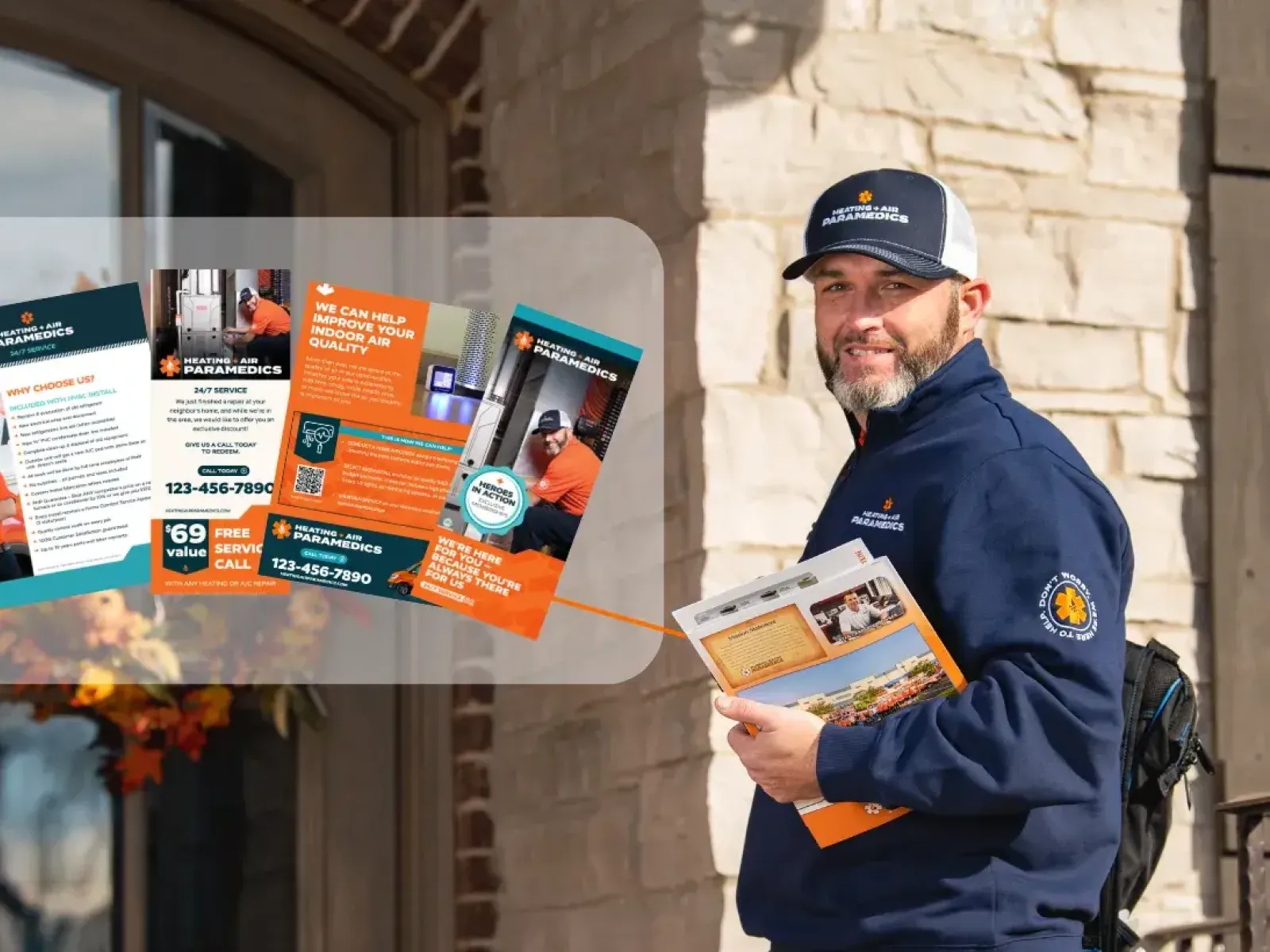 Technician in uniform holding brochures outside a house promoting heating and air paramedic services.