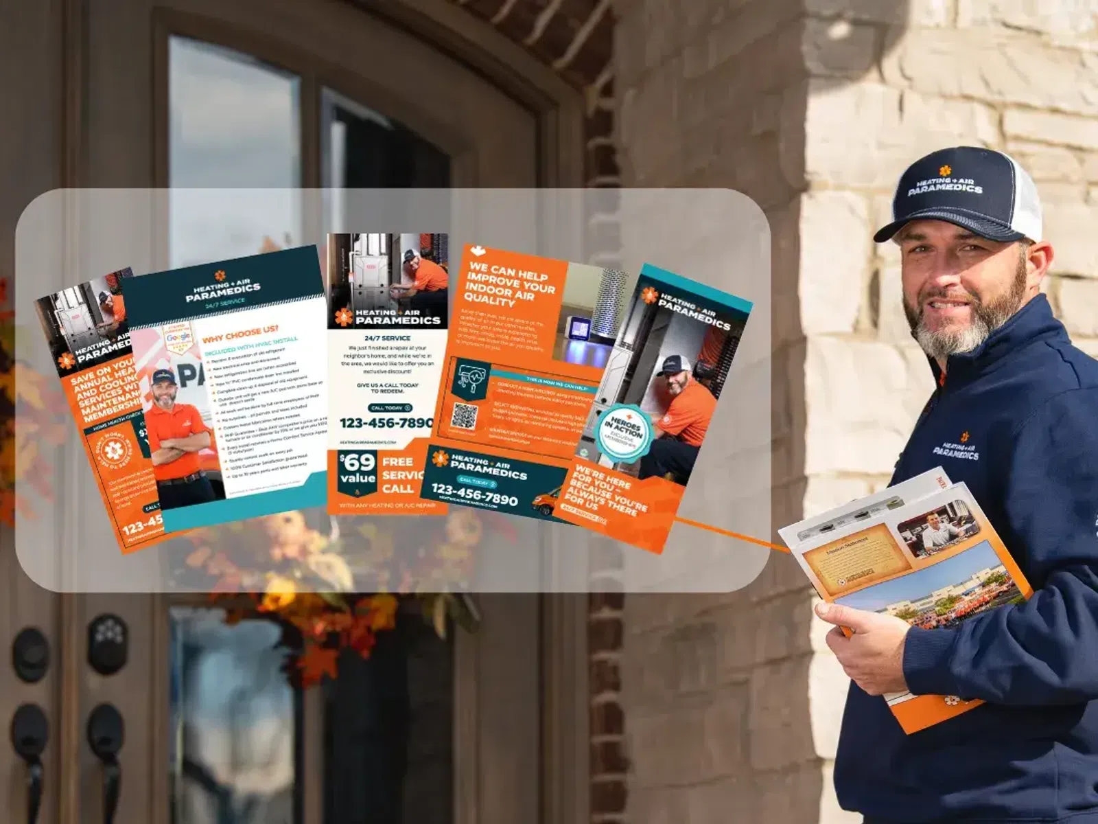 Technician in branded uniform holding brochures outside a home promoting HVAC paramedics services and offers.