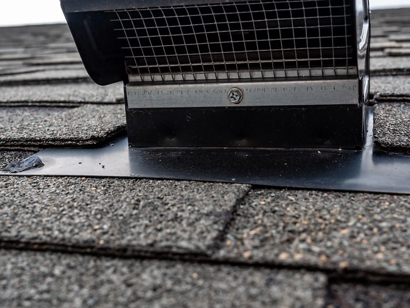 Black roof vent with mesh cover installed on dark gray asphalt shingle roof for attic ventilation