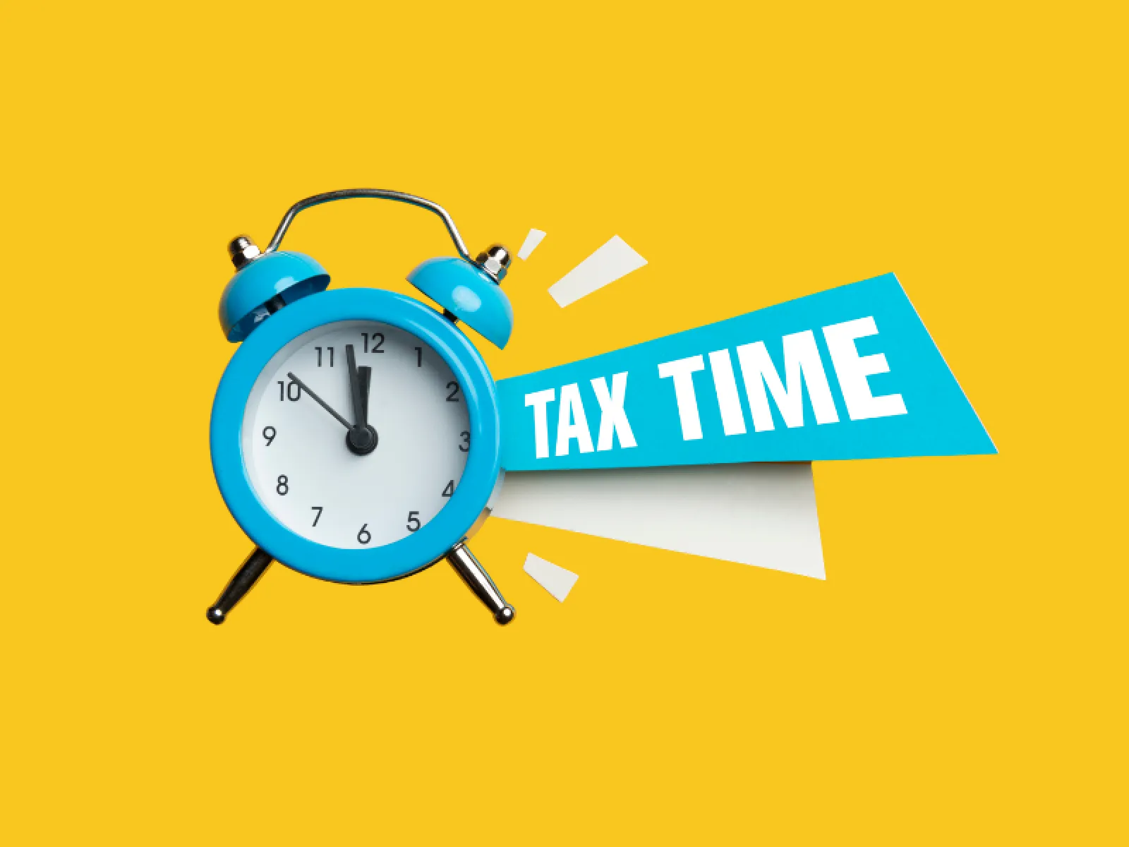 Blue alarm clock showing 11 o'clock with bold text Tax Time on yellow background.