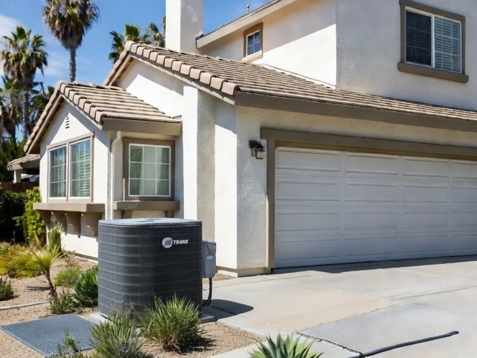 Two-story beige house with tiled roof, desert landscaping, and a central air conditioning unit on a sunny day.
