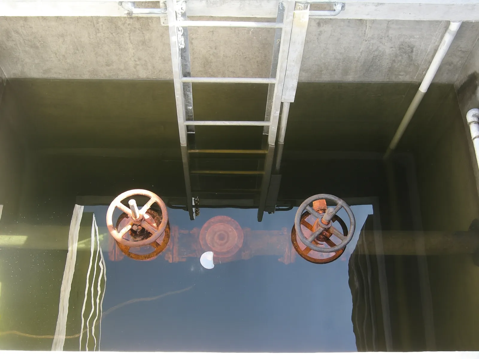 Rusty industrial valves submerged in water inside a concrete tank with a metal ladder above