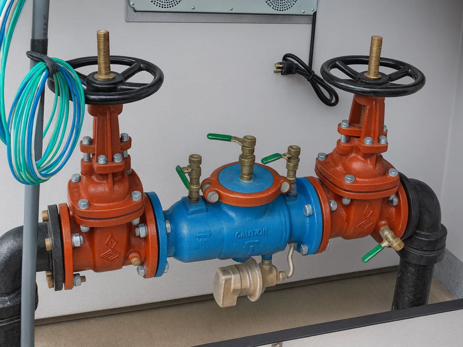 Industrial water pipe assembly with red valves and blue central valve with caution marking inside a utility room.