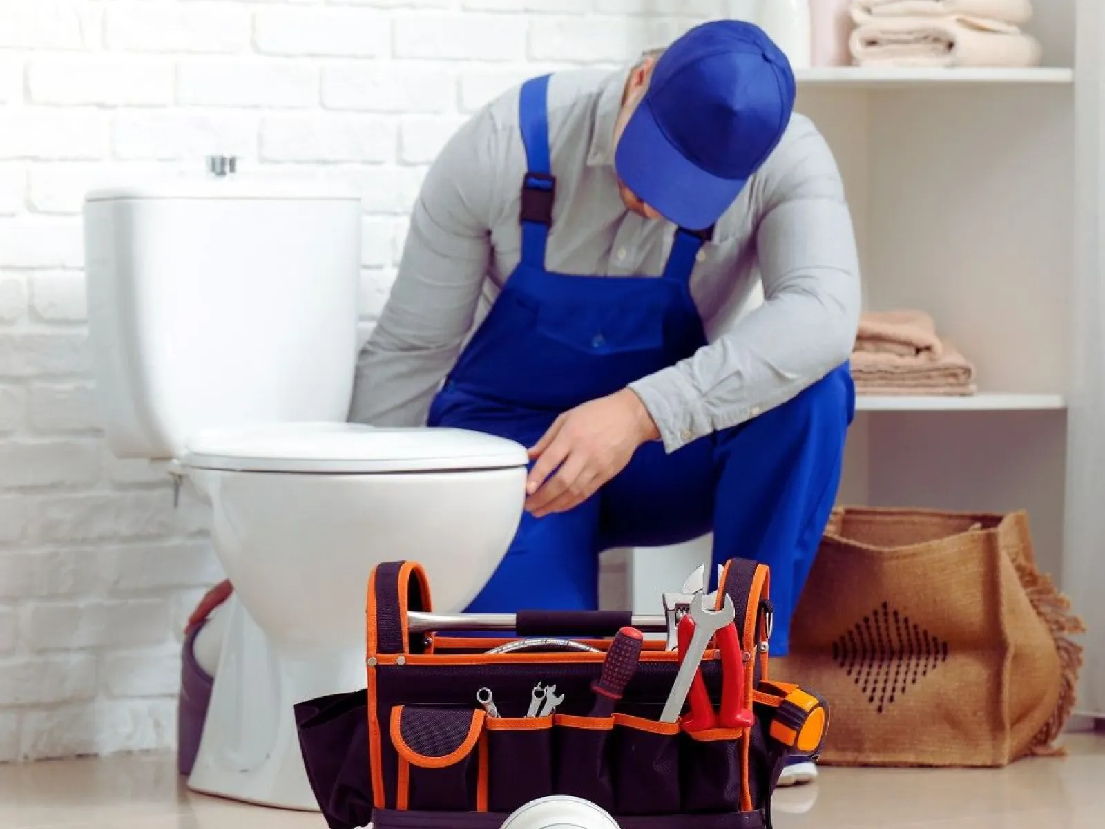Plumber in blue uniform repairing white toilet with tool bag and plumbing parts in bathroom with shelves.