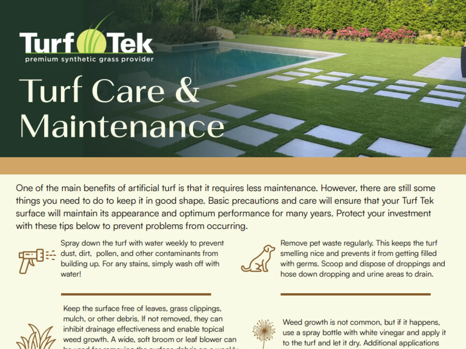 Synthetic turf care tips including watering, pet waste removal, debris clearing, and weed control for maintenance.