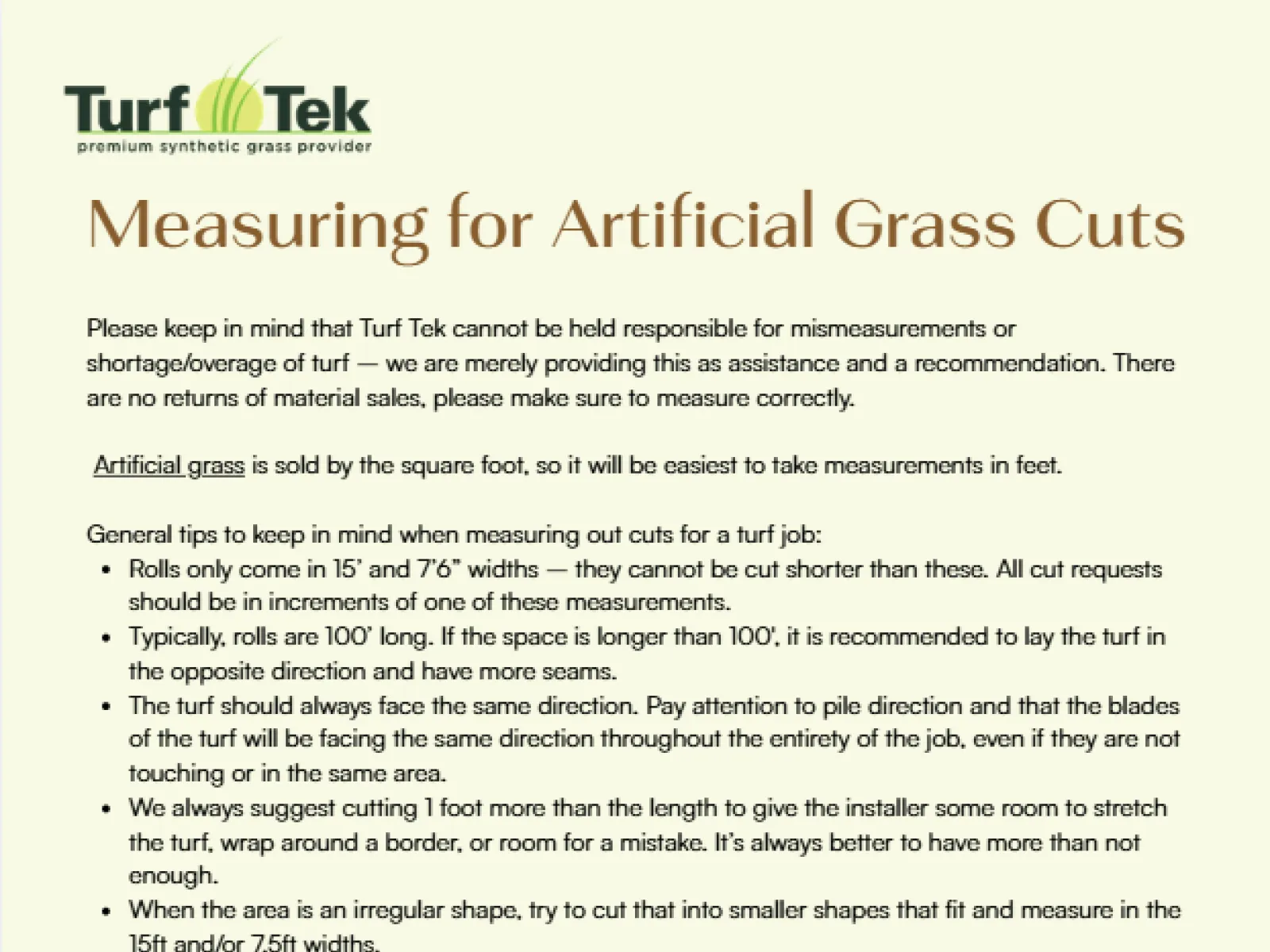 Turf Tek guide on measuring for artificial grass cuts with tips and precautions for accurate turf installation.