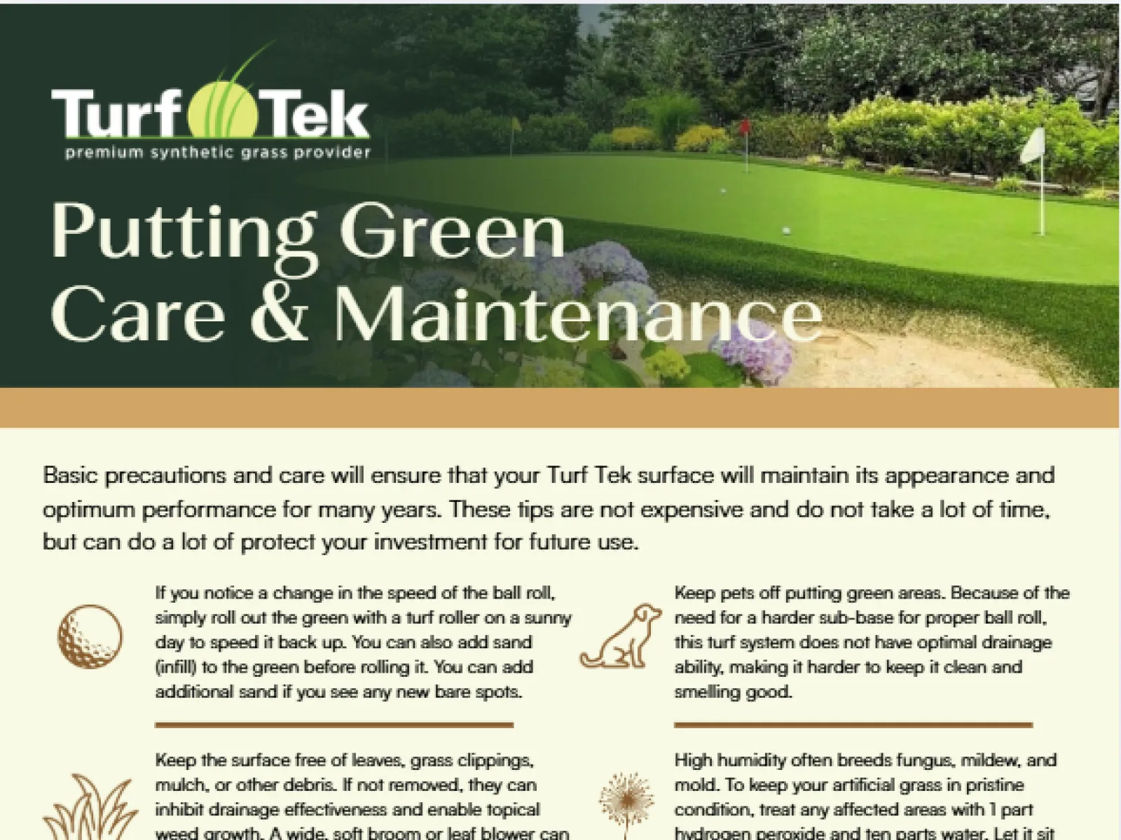 Info on Turf Tek synthetic putting green care tips with maintenance icons and background green landscape.