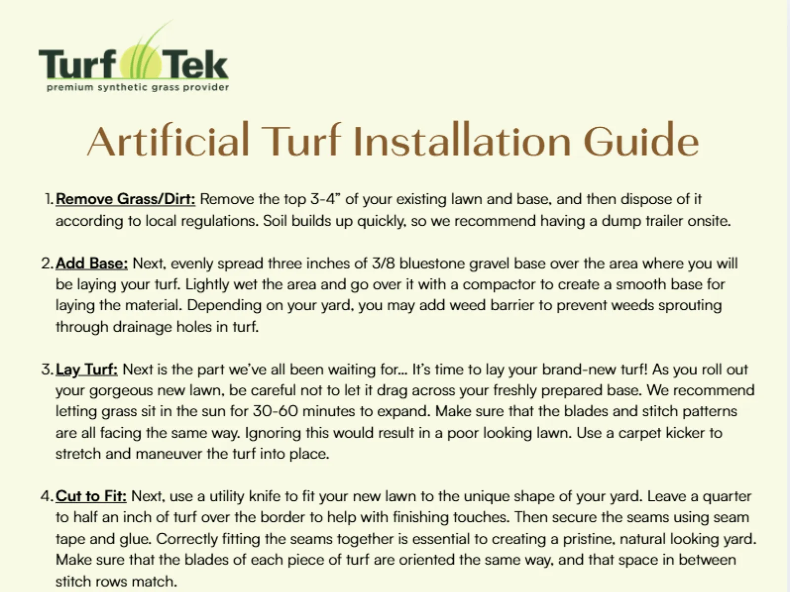Artificial turf installation guide with step-by-step instructions from Turf Tek premium synthetic grass provider.