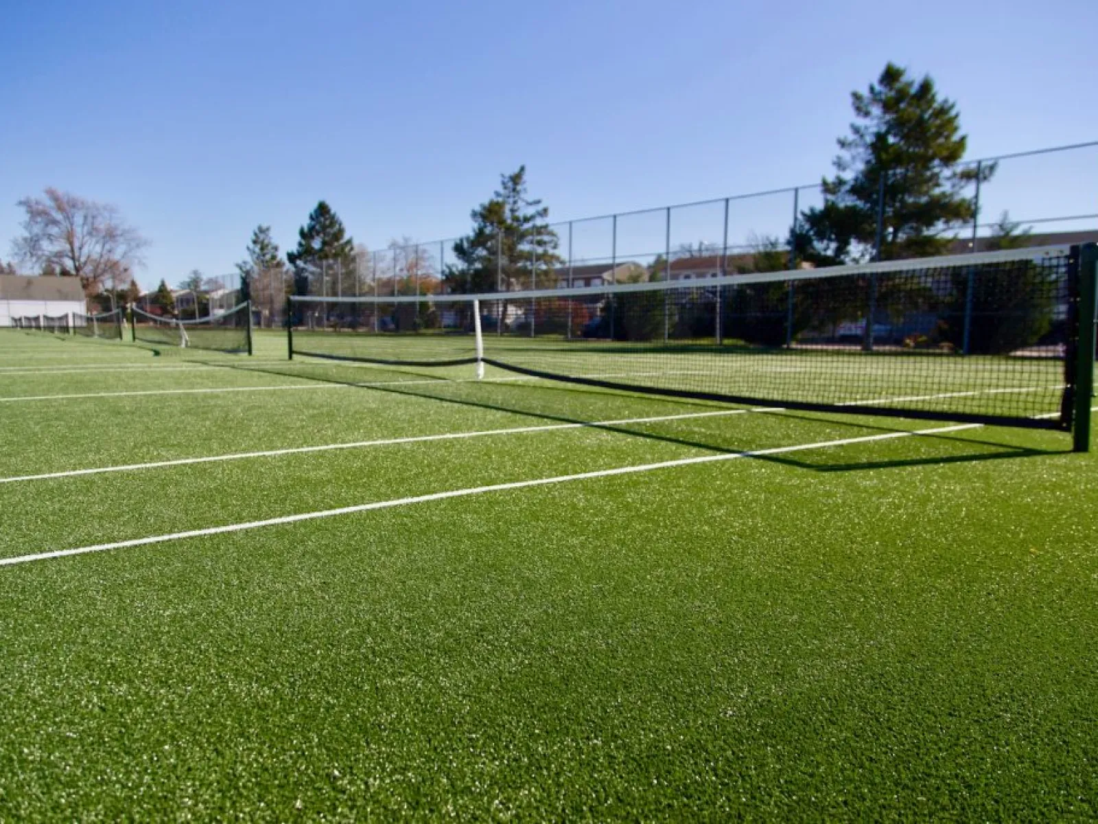 Empty outdoor tennis court with artificial grass under clear blue sky and surrounding trees