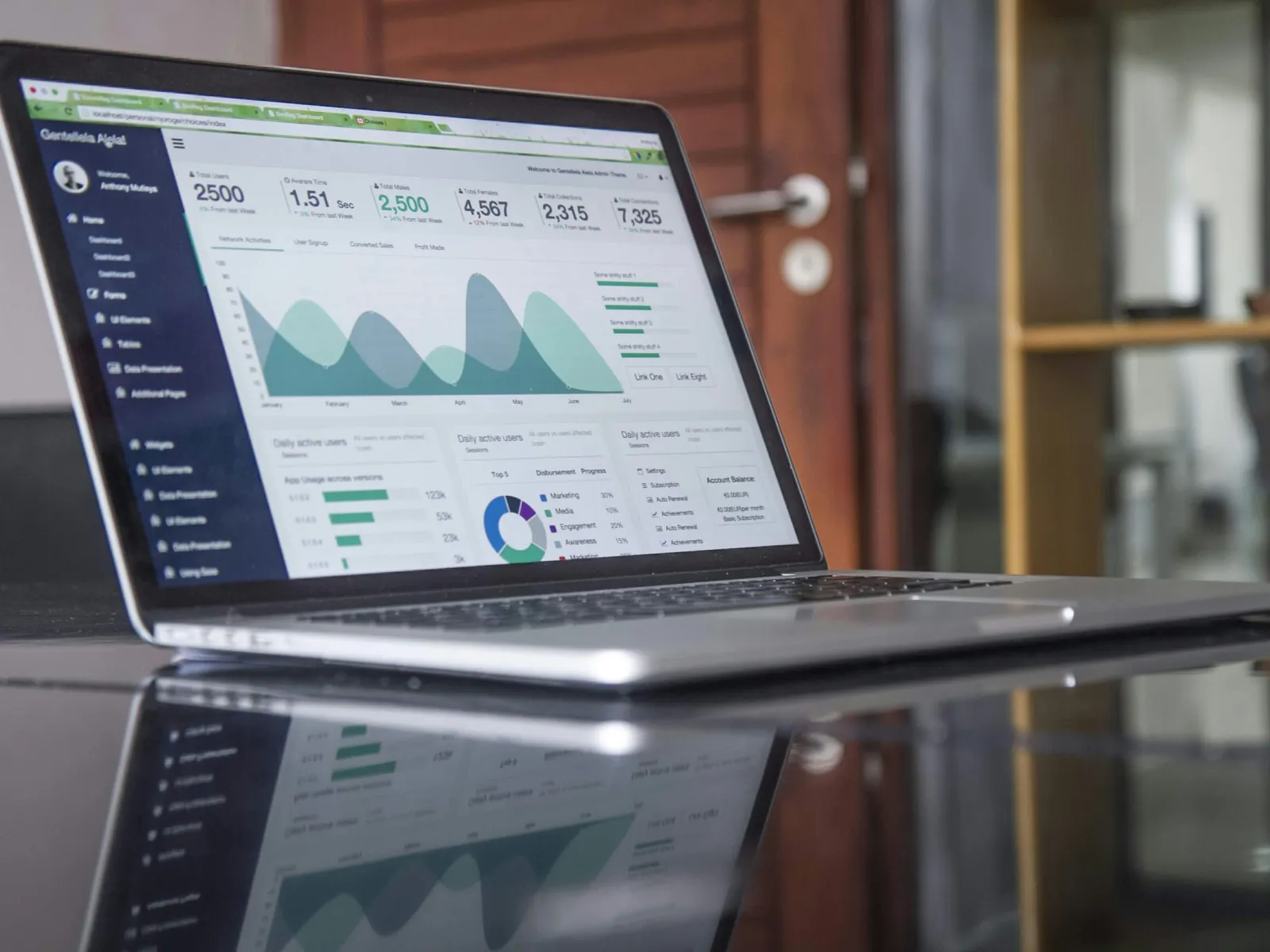 Laptop displaying analytic dashboard with charts and metrics on a reflective black table in an office