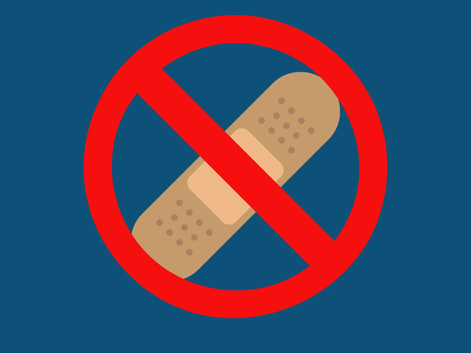 Red prohibition circle over a beige adhesive bandage on a blue background symbolizing no bandaging or no patches allowed.