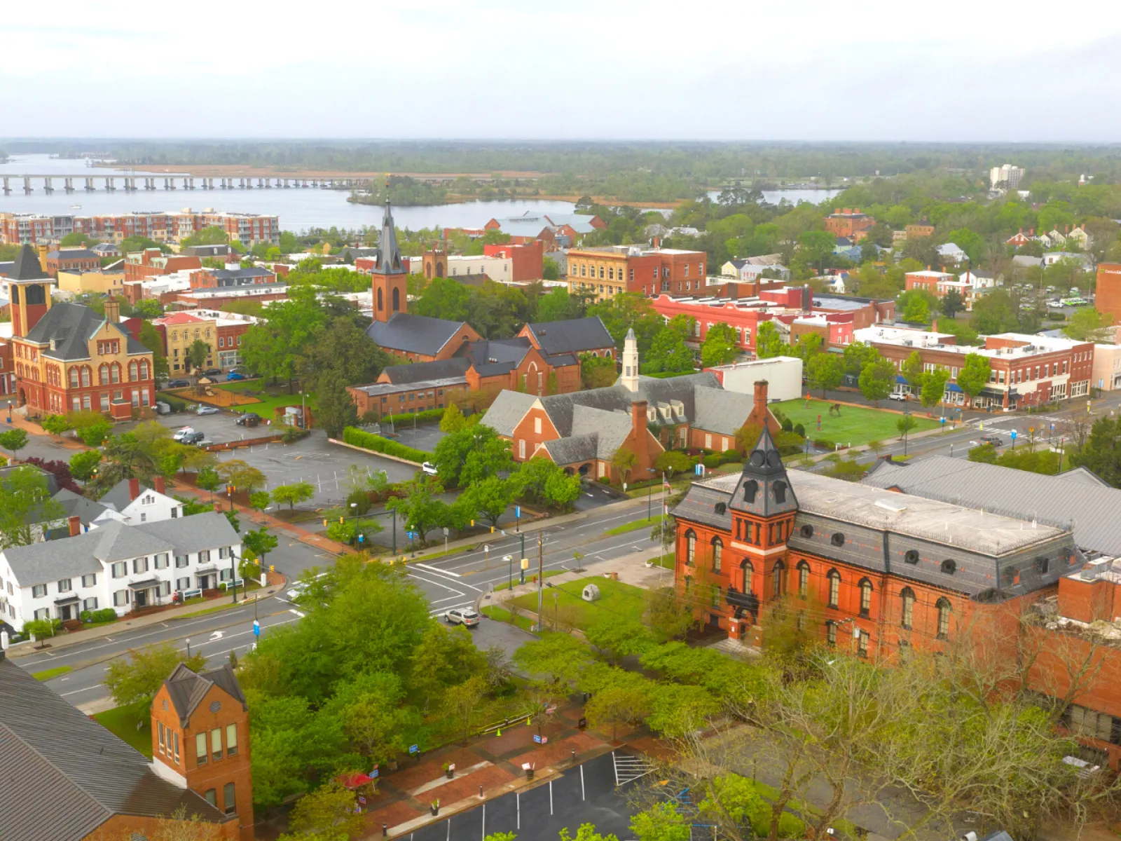 a city with many buildings and trees