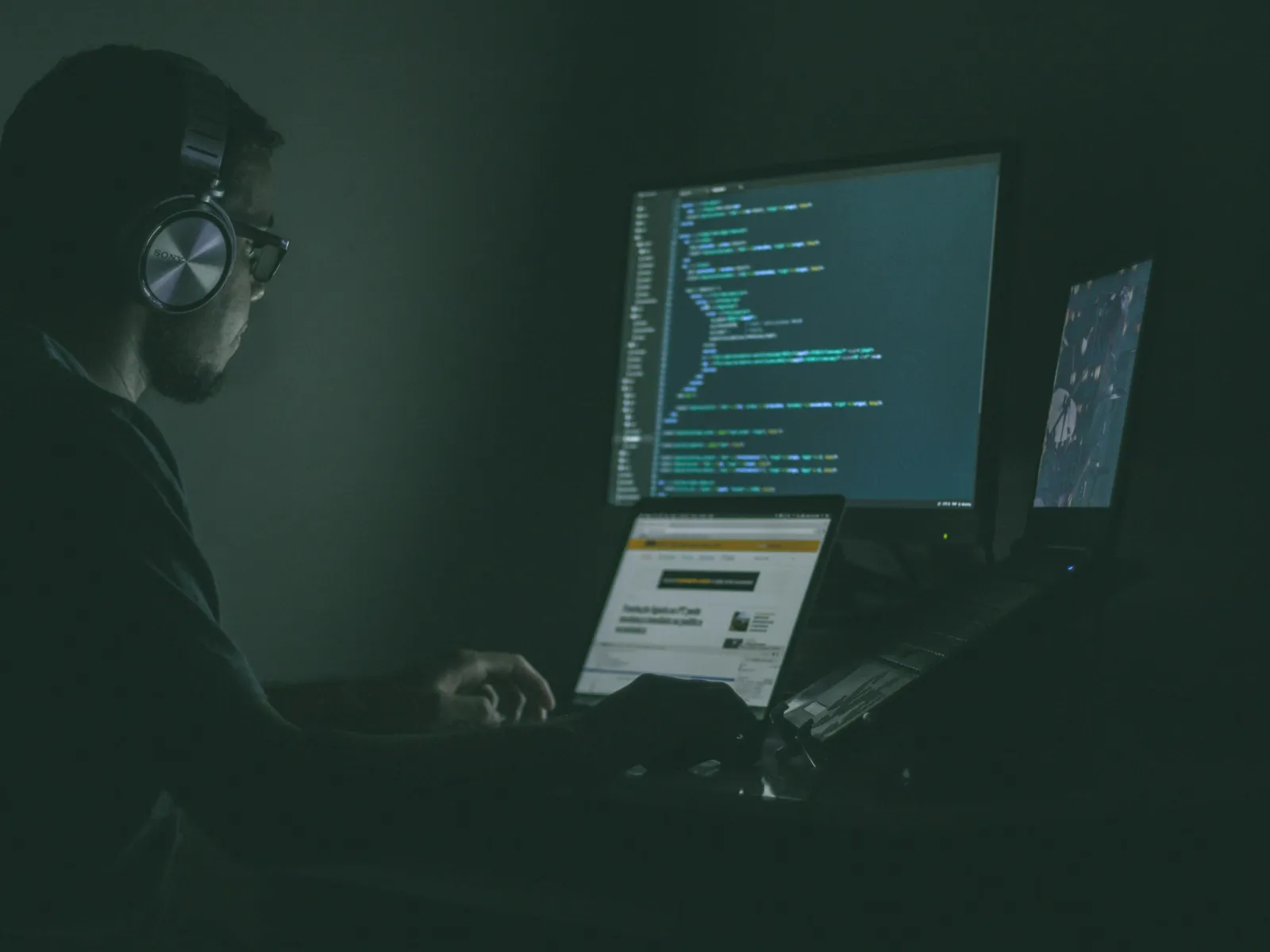 Person with headphones working on multiple screens displaying code and websites in a dark room.