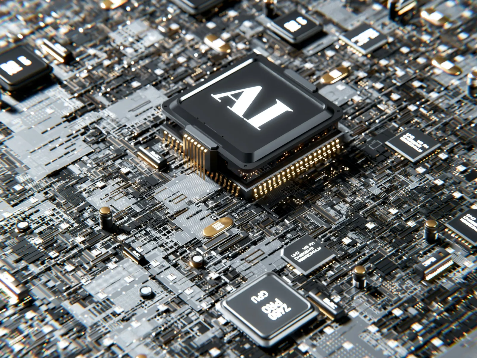 Close-up of a black AI microchip on a complex circuit board with glowing connections and electronic components
