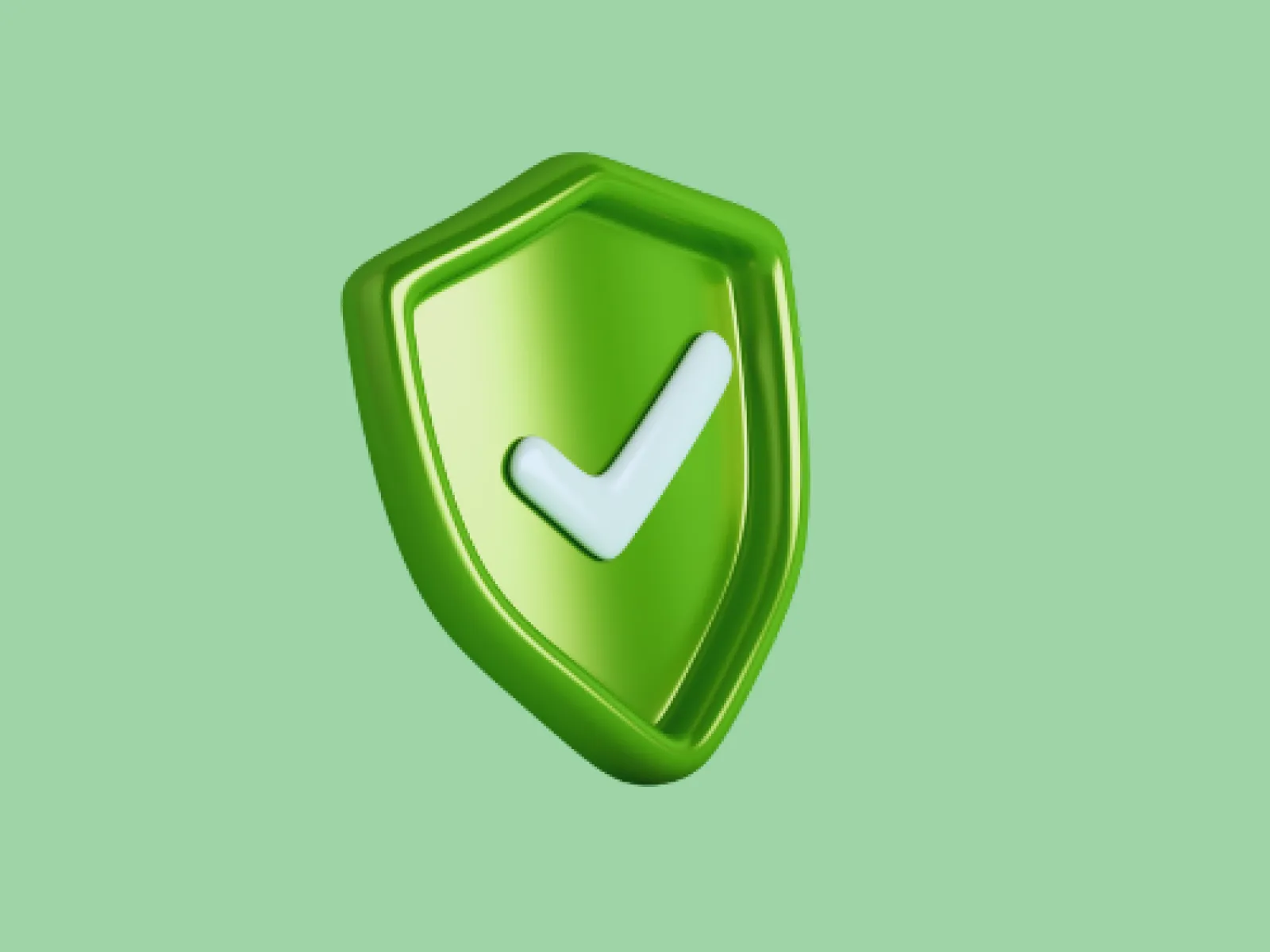 3D green shield with a white check mark on a light green background symbolizing protection and approval