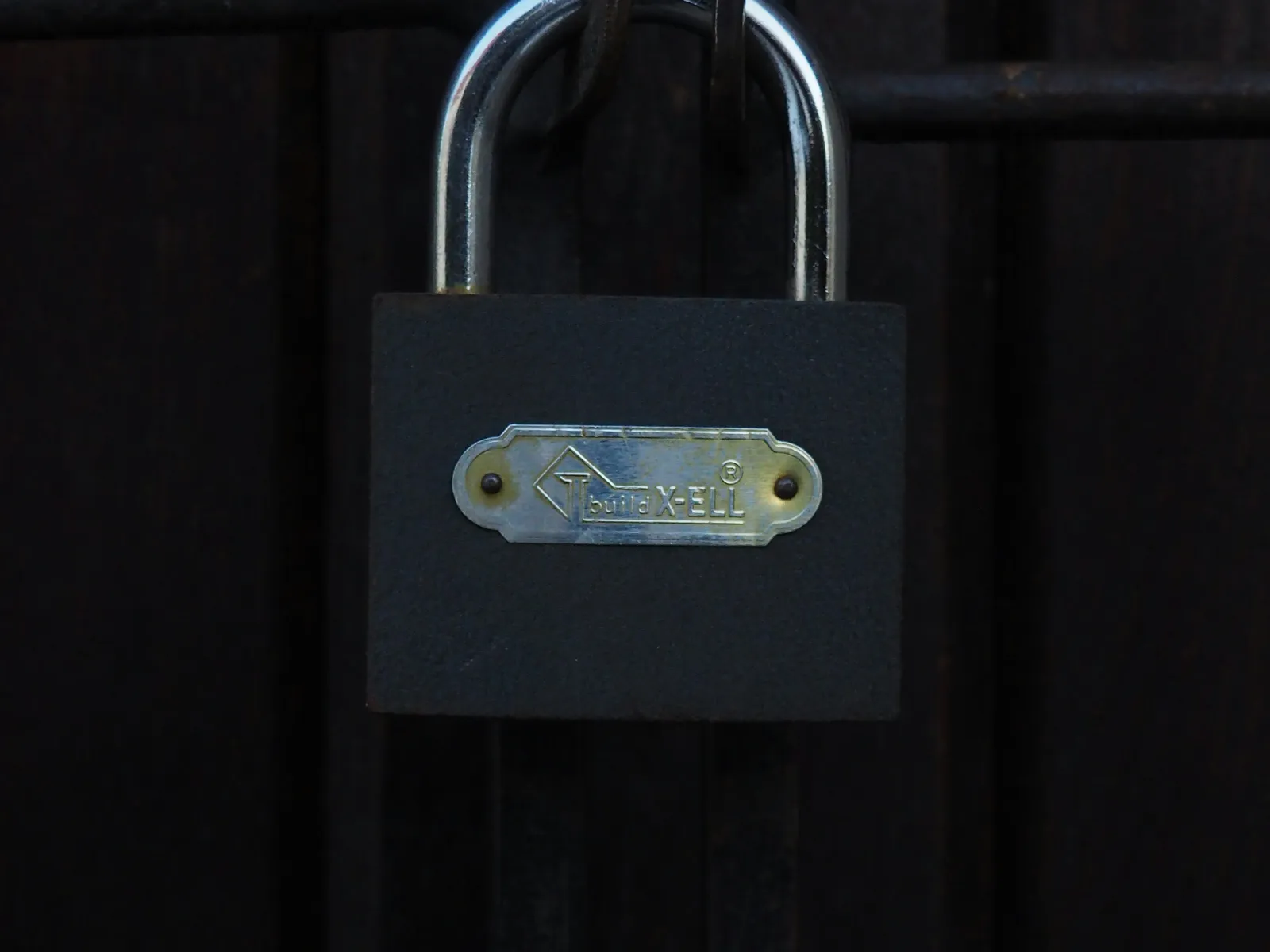 Close-up of a black padlock secured on a dark metal gate with visible brand label.