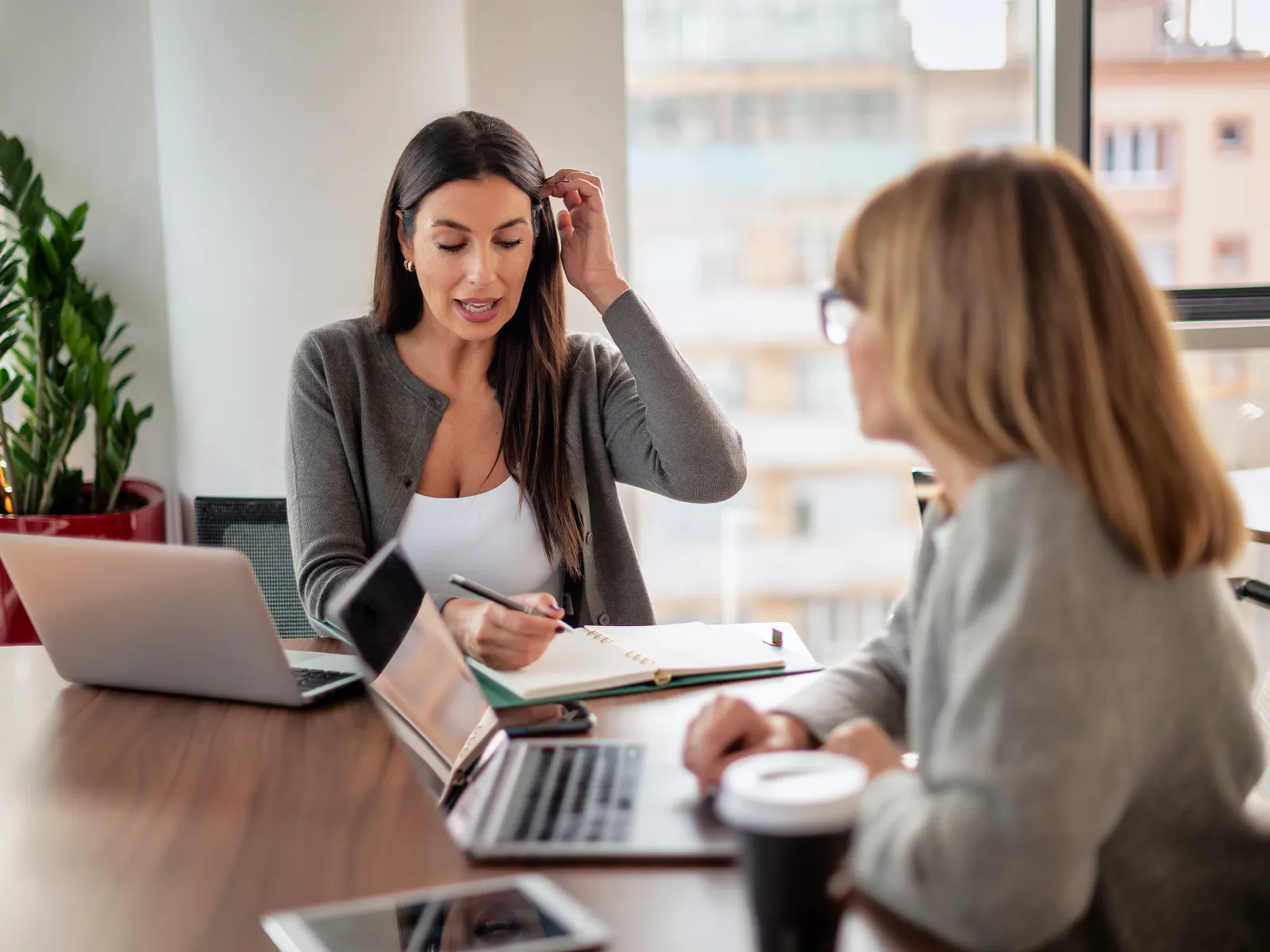 Two women working together on laptops and notes in a bright modern office with urban view and plant.