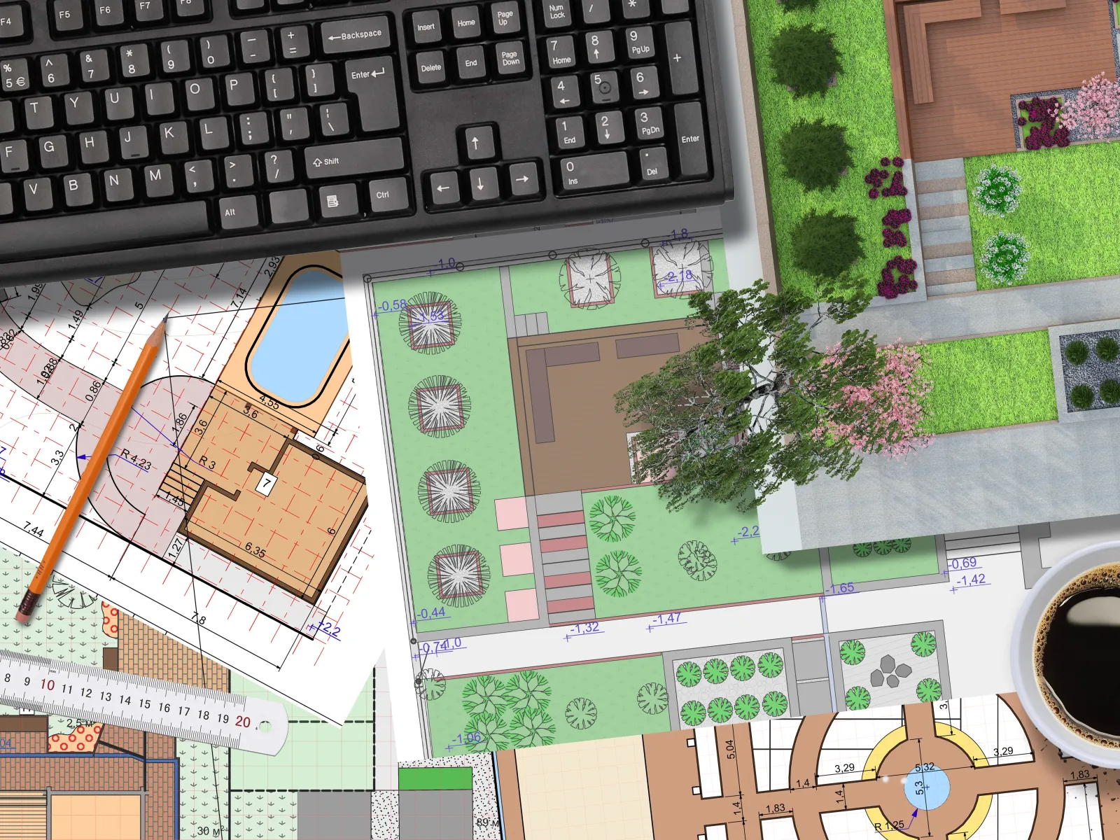 Overhead view of architectural plans, a keyboard, pencil, ruler, and a cup of coffee on a desk workspace