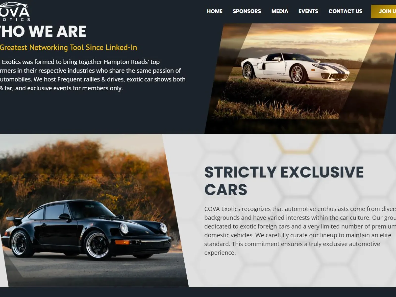 Website homepage showing luxury sports cars with text about COVA Exotics networking and exclusive automotive events.