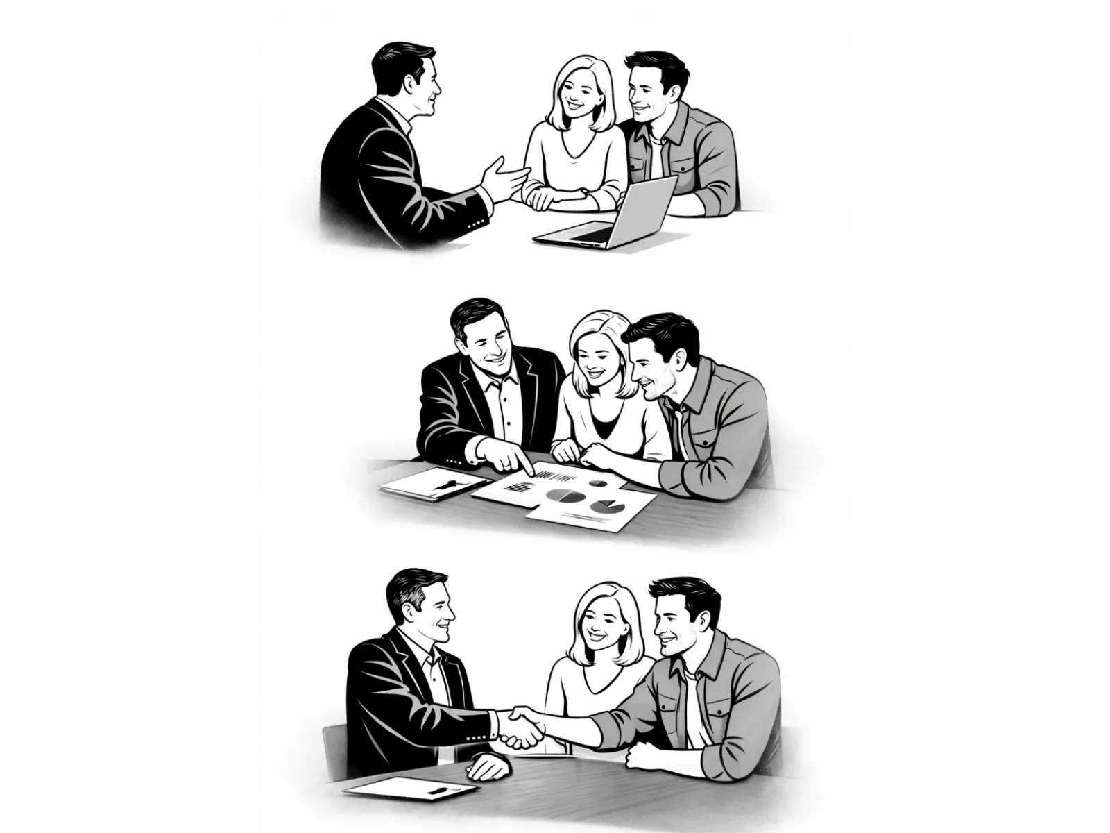 Business meeting with a couple consulting a professional, reviewing documents, and shaking hands in agreement.