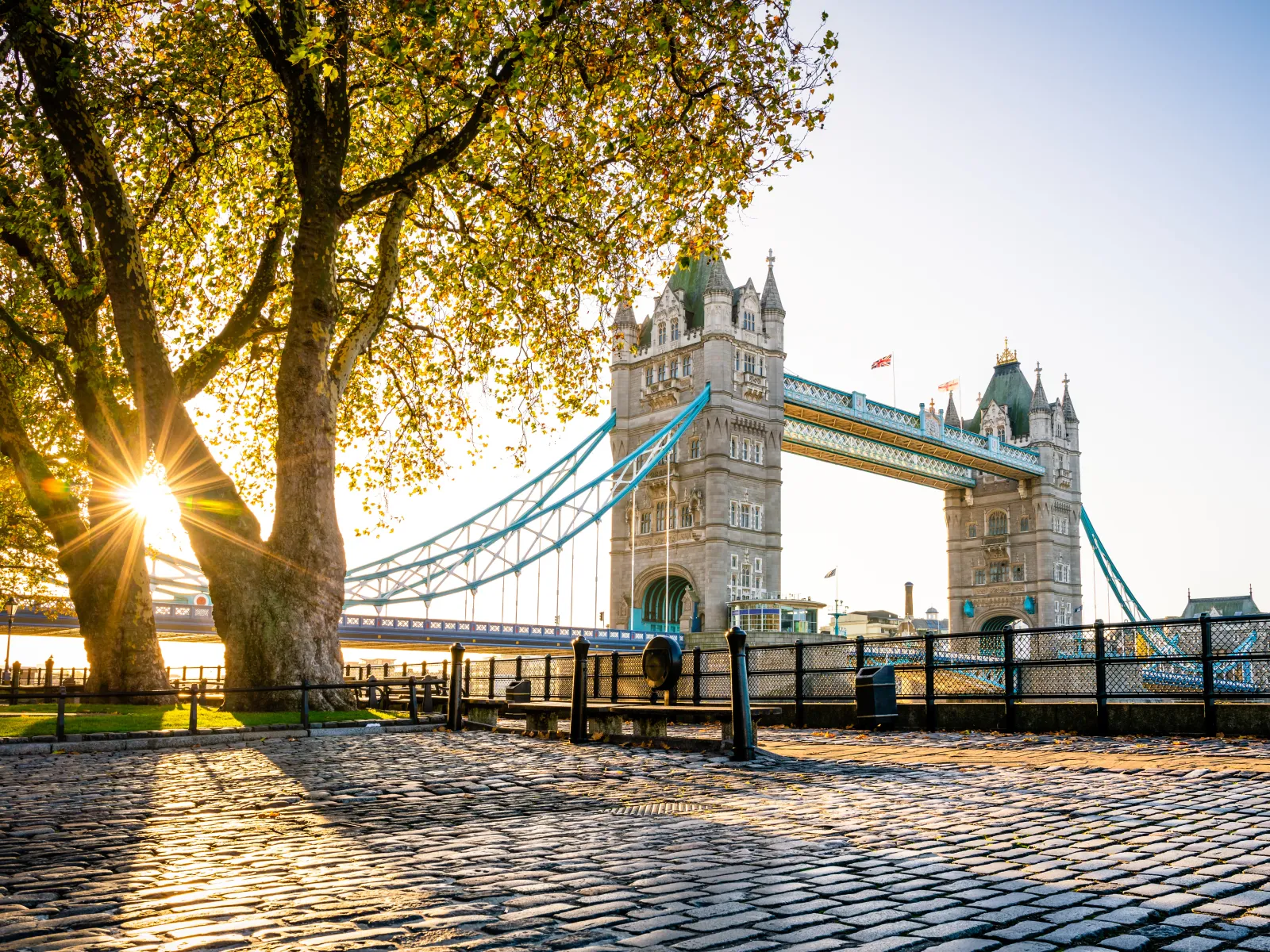 a bridge with a tower and trees