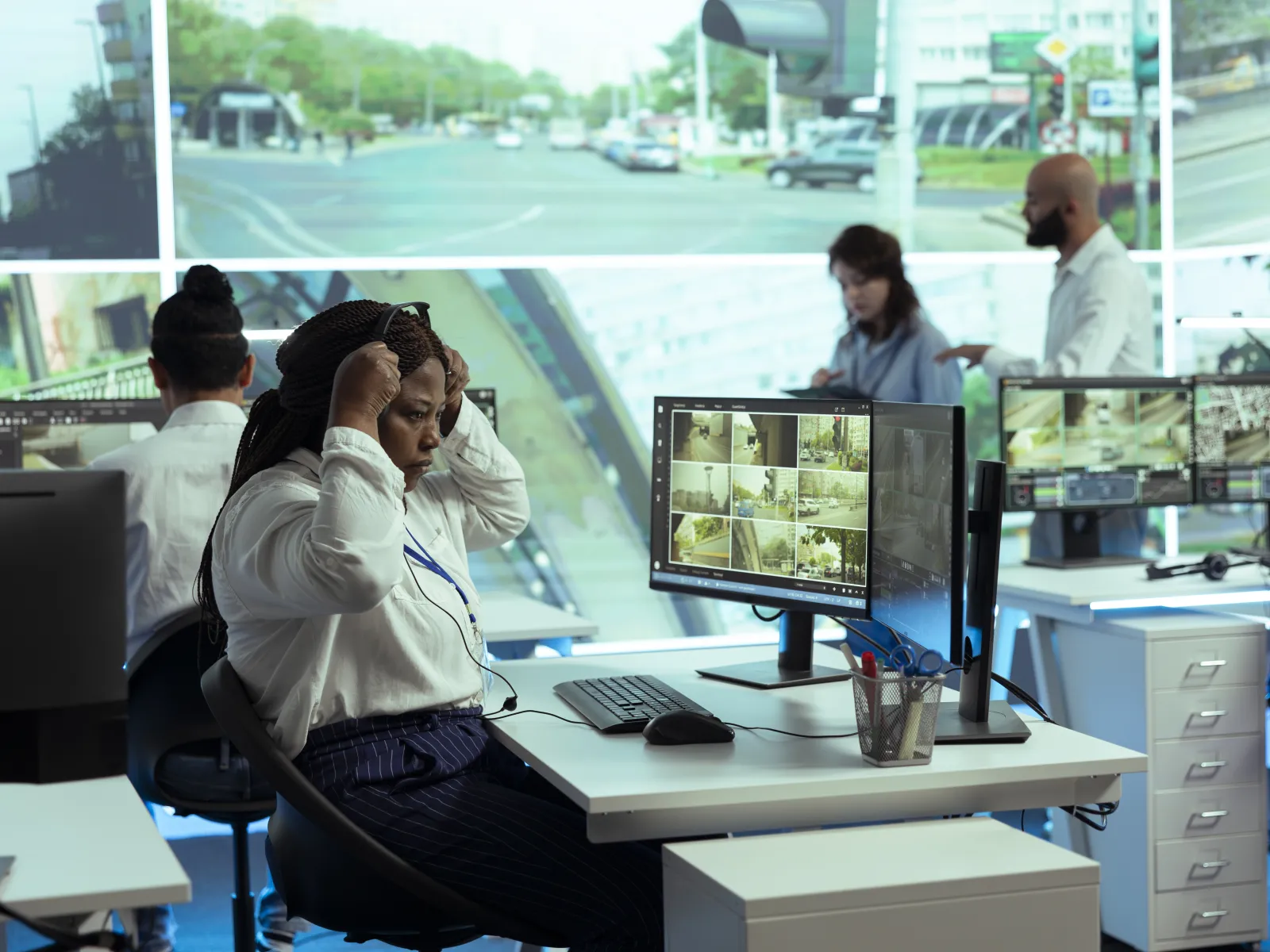 a group of people working at a computer