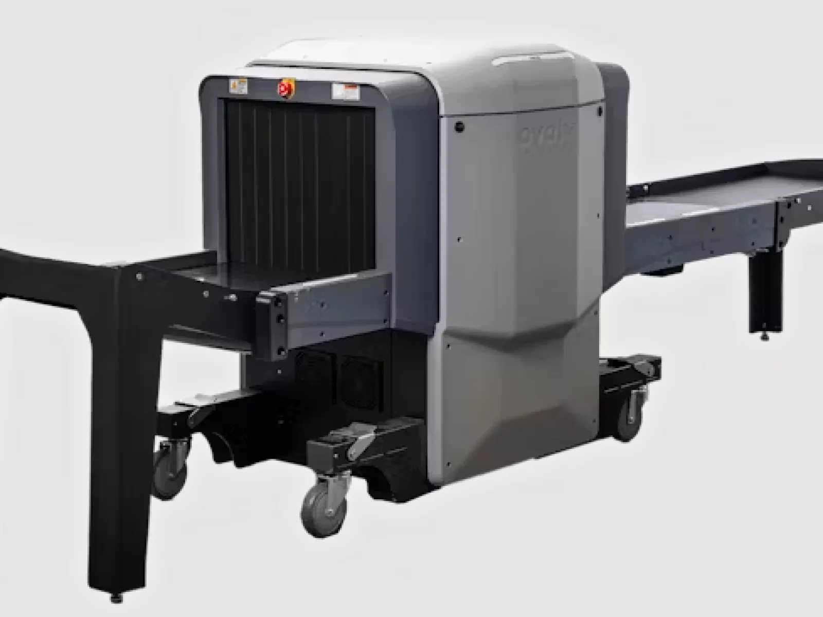 Modern industrial conveyor belt system with scanning and automated sorting features on wheels