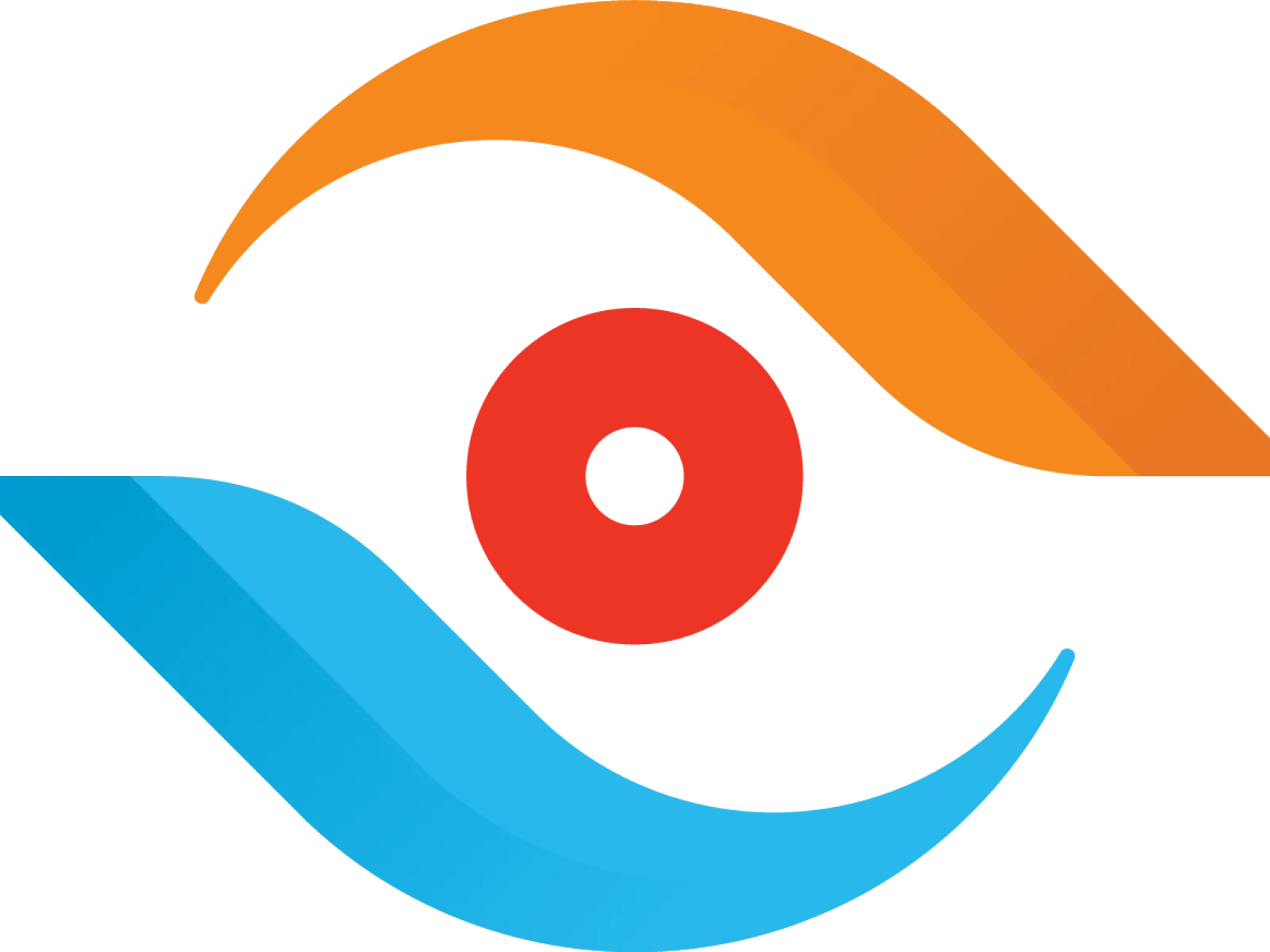 Abstract eye-shaped logo with orange and blue curved shapes and a red center circle