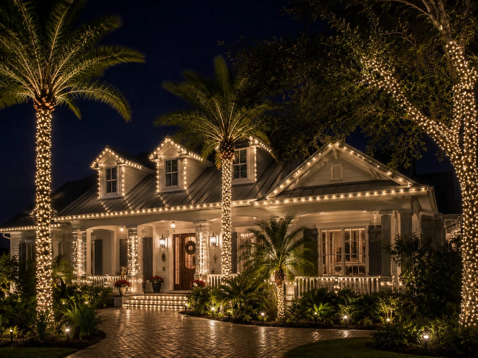 Elegant house adorned with warm white holiday lights on palm trees, porch, and rooflines at night.