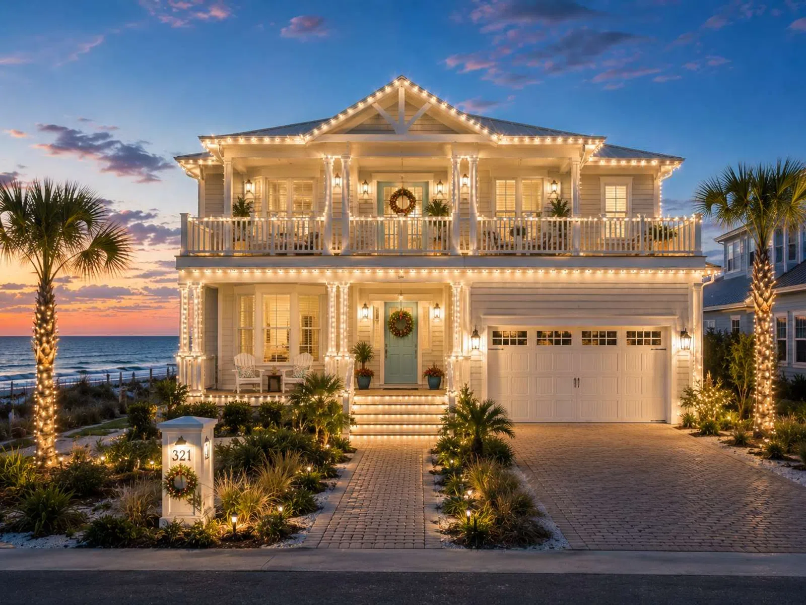 Beachfront two-story house decorated with white string lights at sunset by palm trees and ocean.