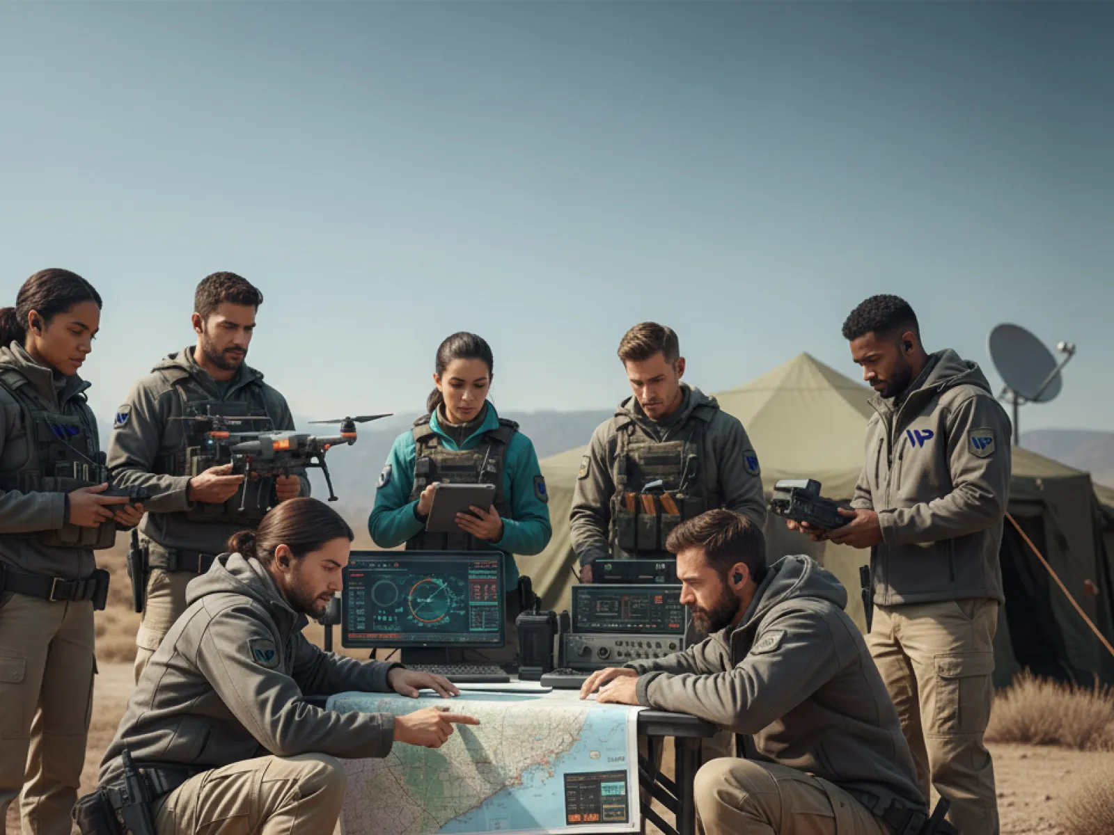 Team of six tactical operators analyzing maps and digital data at desert base camp with drone and communication gear.