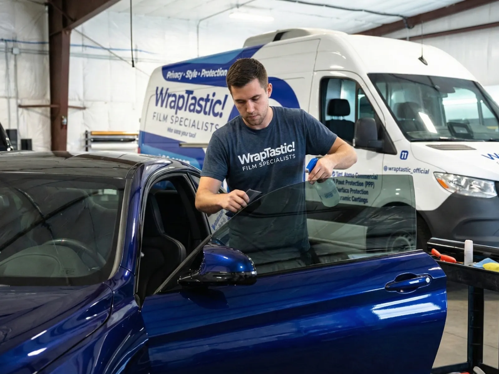 Technician applying protective window film to a blue car door inside a vehicle wrap specialist workshop.