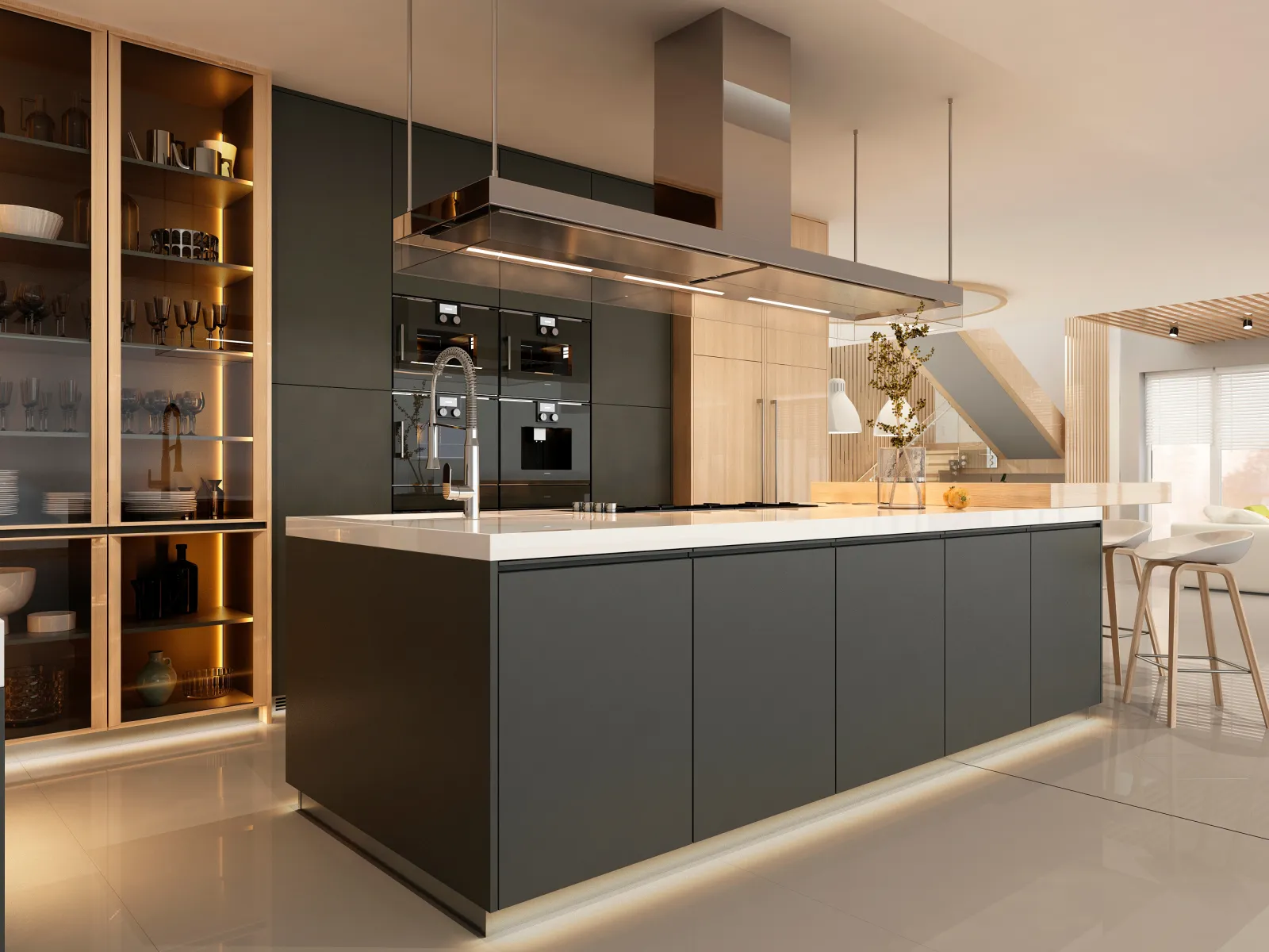 Modern kitchen with dark cabinetry, white countertop island, built-in appliances, glass shelving, and bar stools.