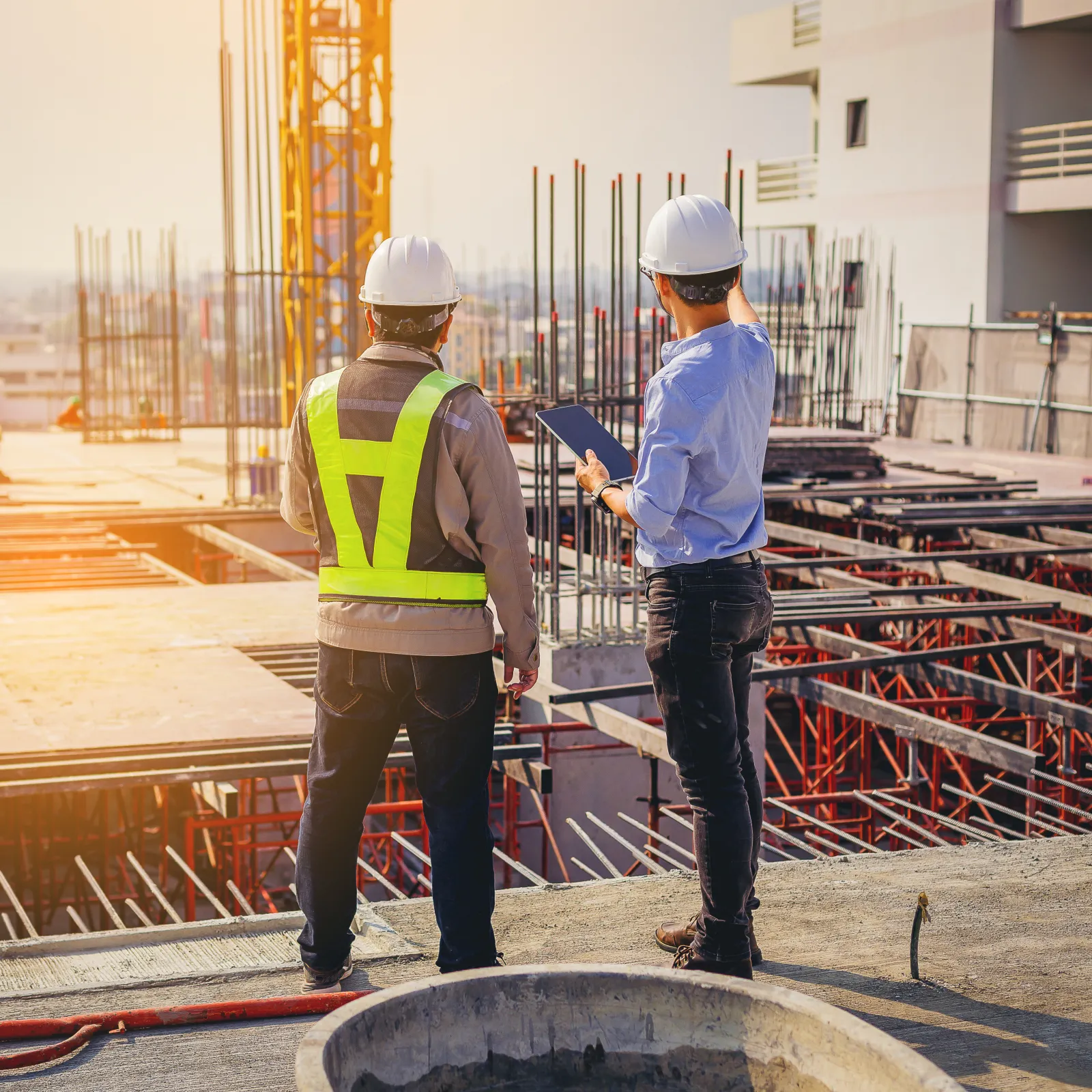 Construction site scene with workers in helmets and vests overseeing building progress under sunlight.